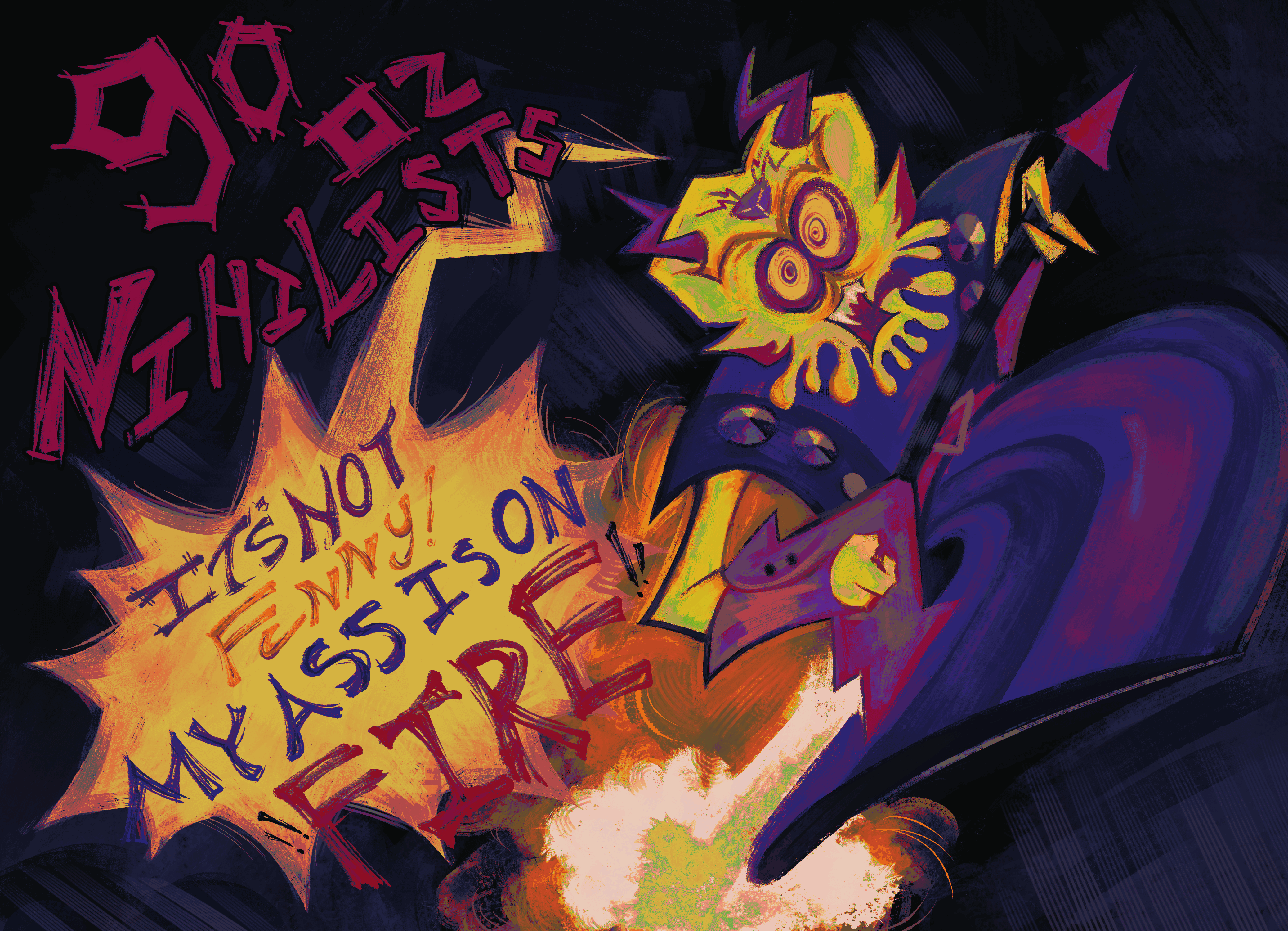 an illustrated digital painting. depicted is major threat in her villiany days outfit, she is playing her guitar. the text on the left side, the text on the upper part says '90 oz nihilists' while the text on the bottom part are the lyrics to mr bungle's 'my ass is on fire' song.