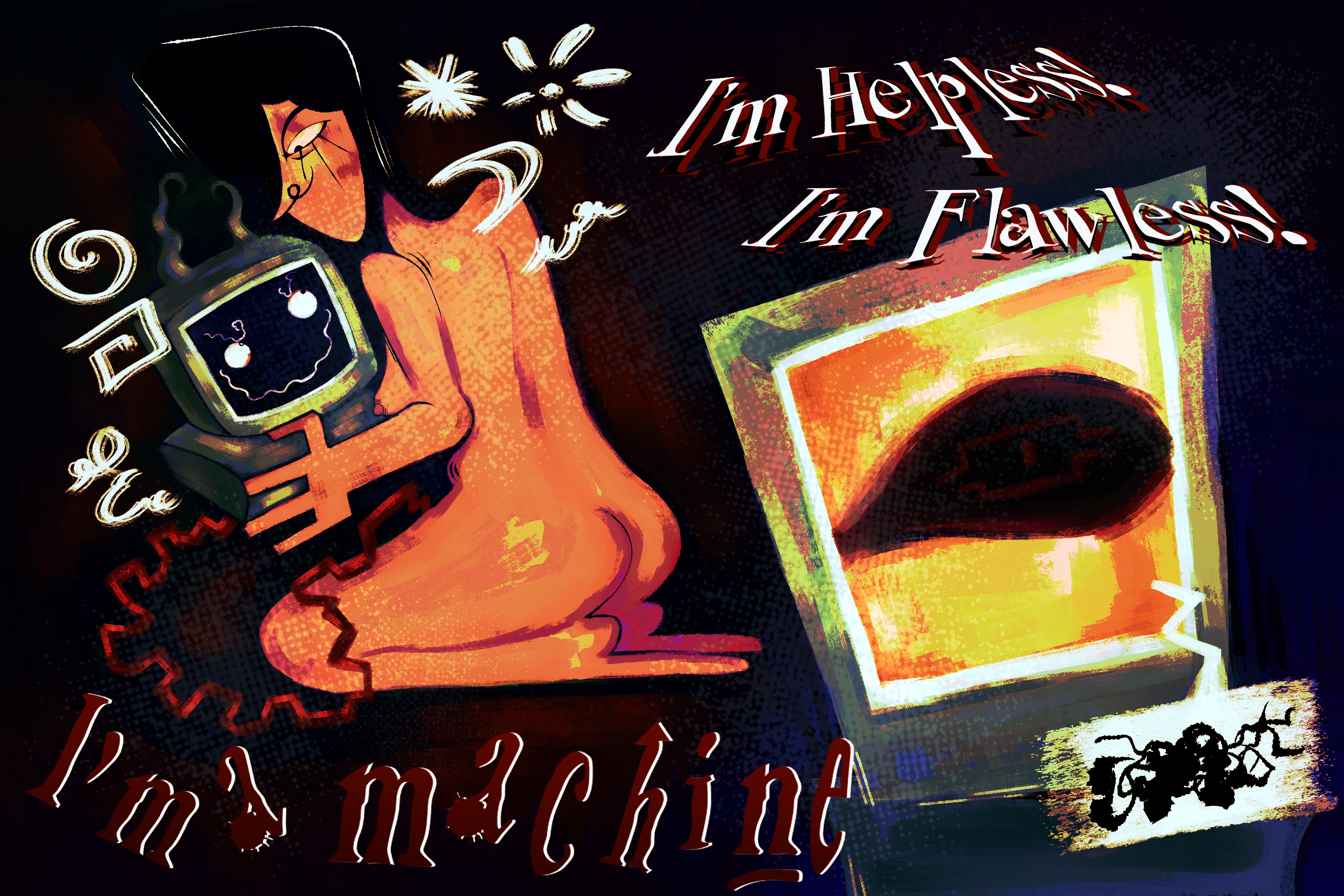 an illustrated digital painting. depicted is an original character, peter something flores holding an ibm computer smiling deviously at him. at the right side is another distorted ibm computer. the text on the piece are lyrics from the faith no more song 'zombie eaters'.