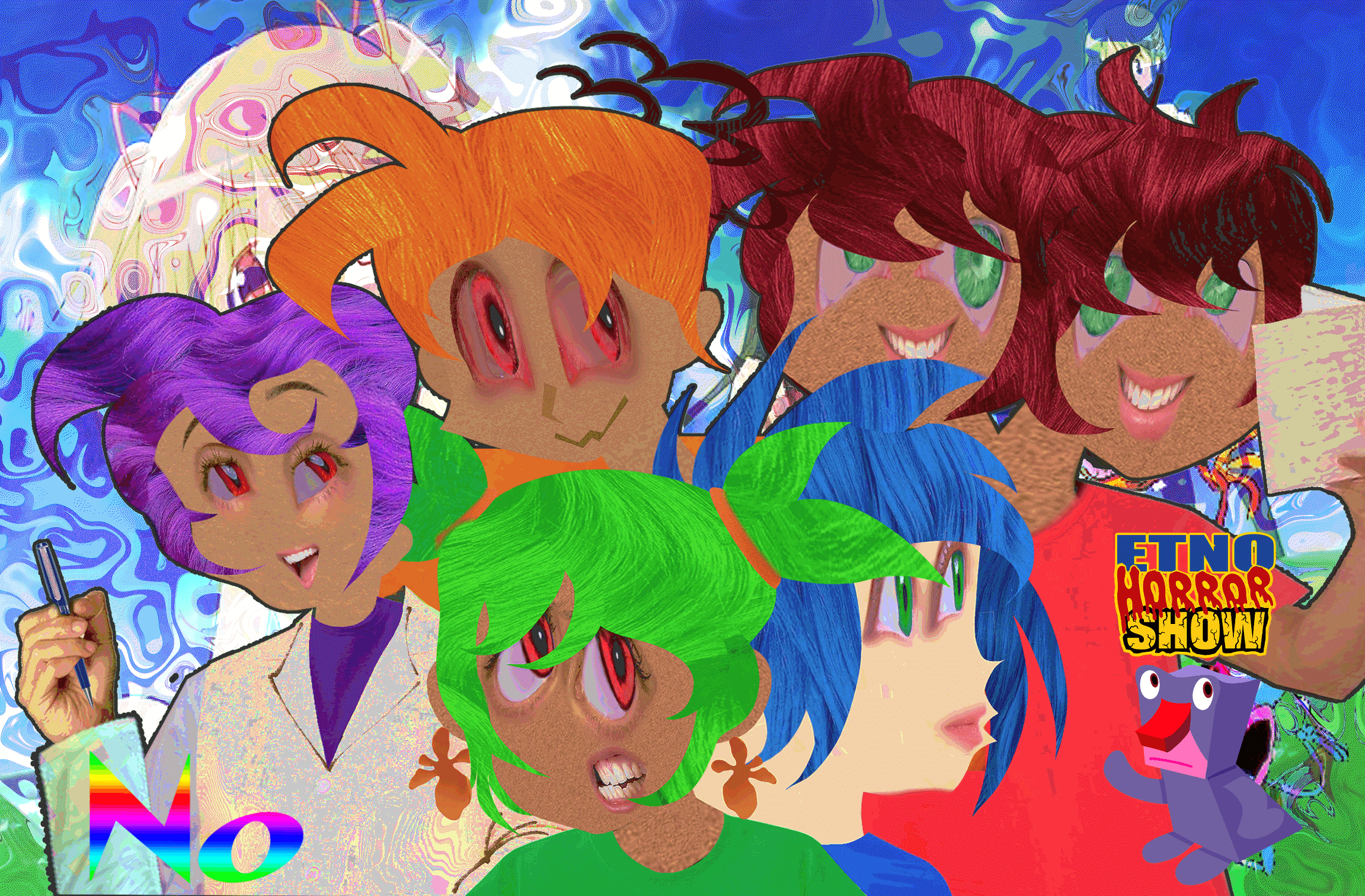 a digital collage art piece. depicted are all the main characters of space goofs collaged from different images of human body parts to recreate them as anime girls.