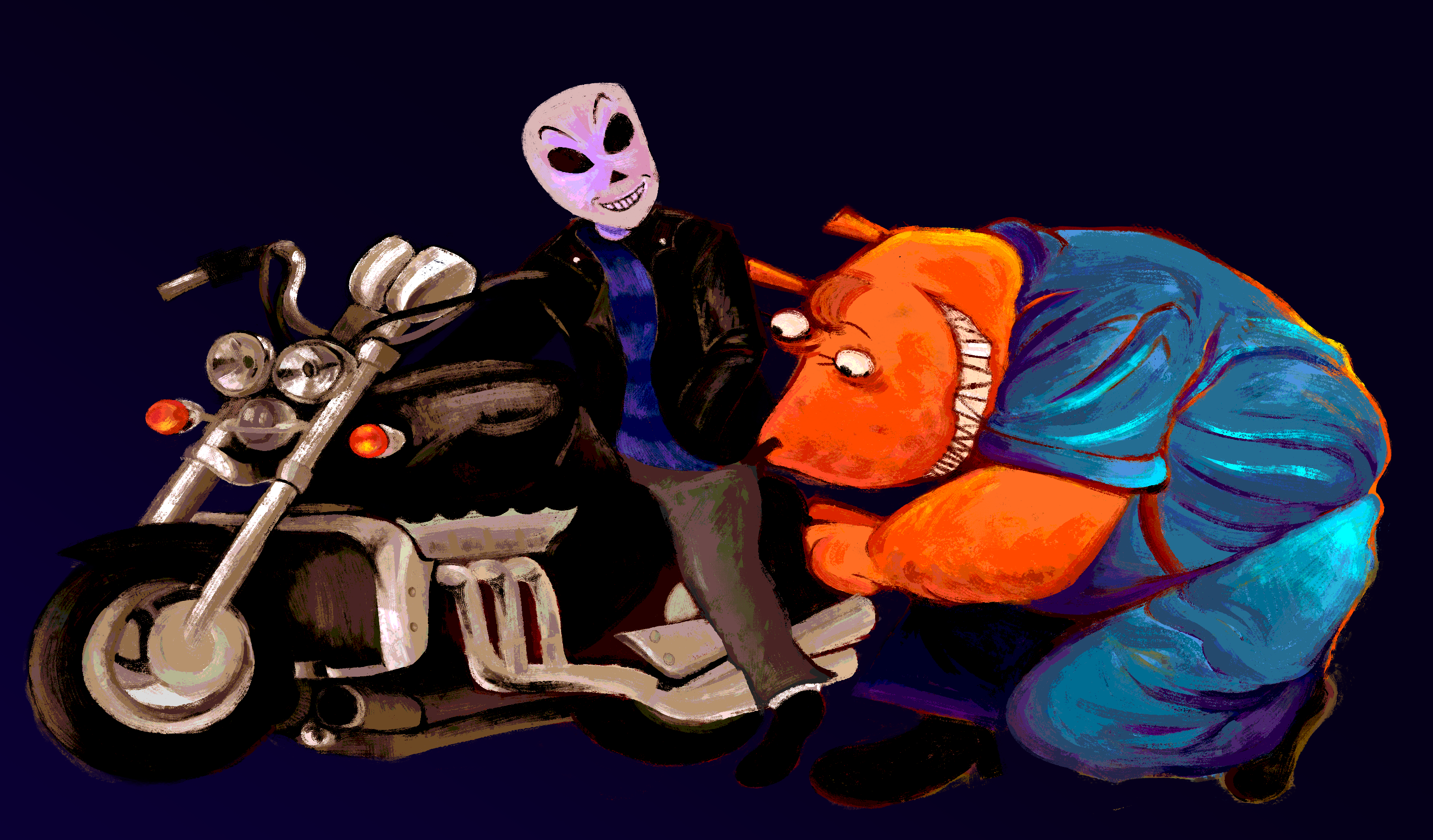 an illustrated digital painting. depicted are glottis and lola from grim fandago, lola is sporting a different outfit with a leather jacket on. glottis is helping fix up lola's motorcycle she's riding.