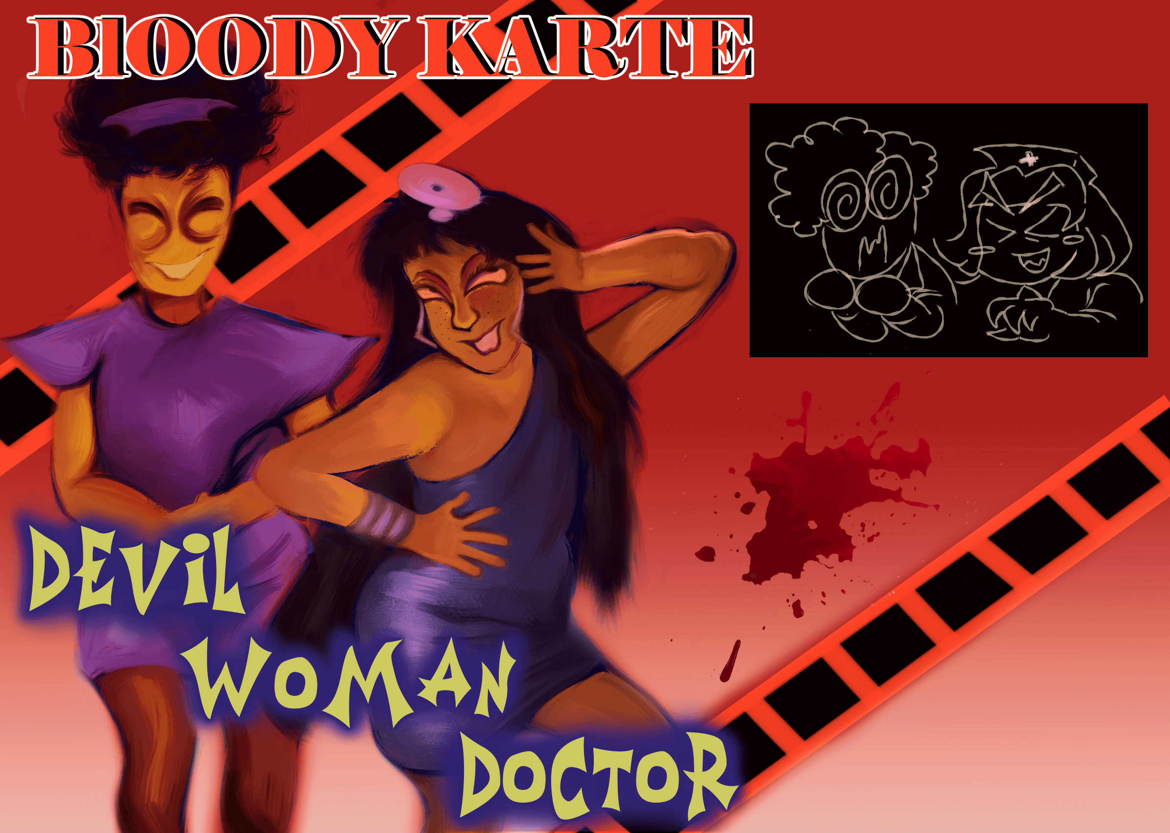 an illustrated digital painting. depicted is a humanized version of catherine from gregory horror show in vaarious outfits from the main character, the devil woman doctor, from a japanese horror movie of the same name as the titular character. on the upper right corner is a small black and white box with a simplistic doodle of fritz and catherine. at the top left text says 'bloody karte' while the lower left text says 'devil doctor woman'.