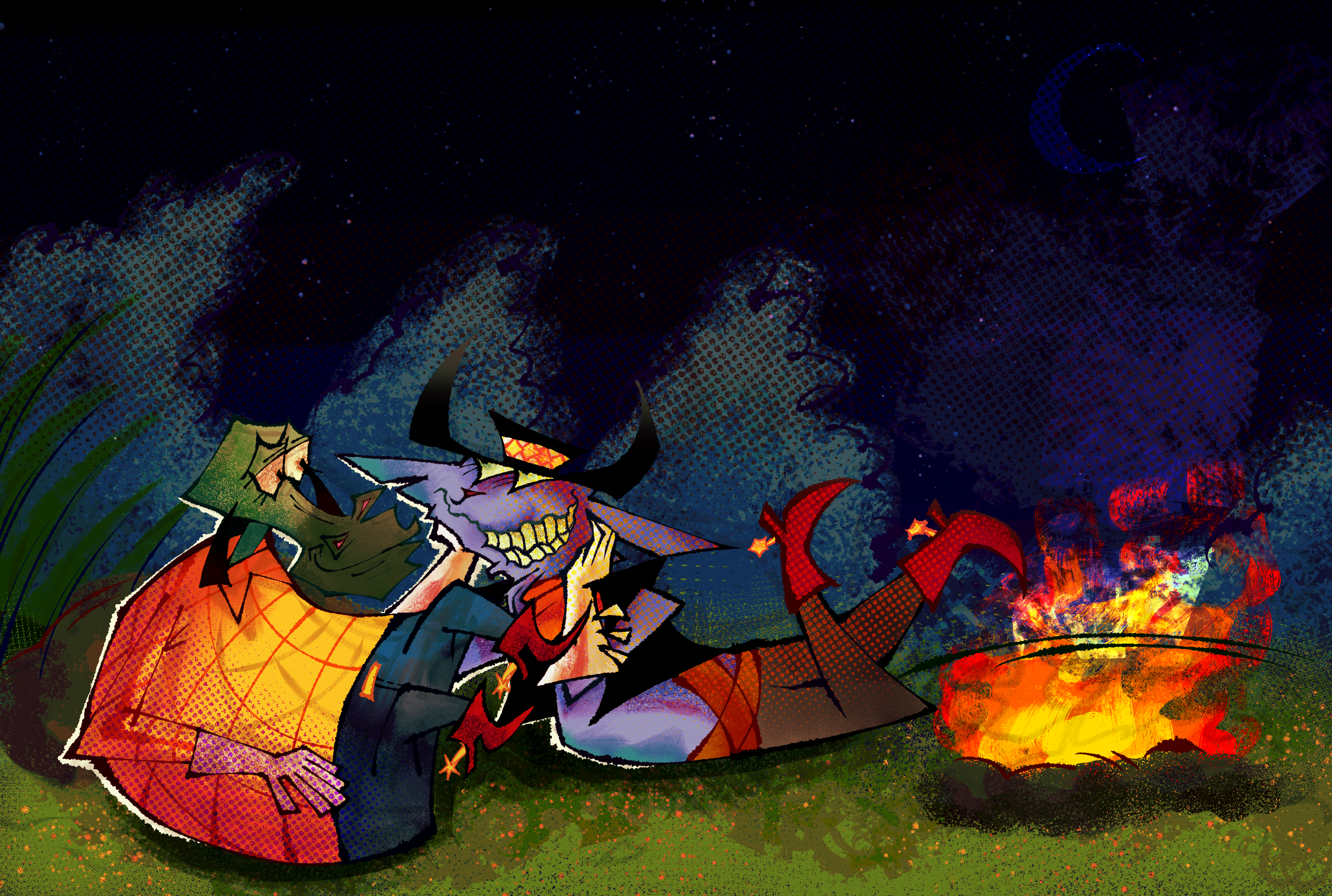 an illustrated digital painting. depicted are curtis and dook from the cartoon cosmic cowboy, they're laying on the ground looking at each other in the eye. there is a bonfire alight next to them and the setting is night time.