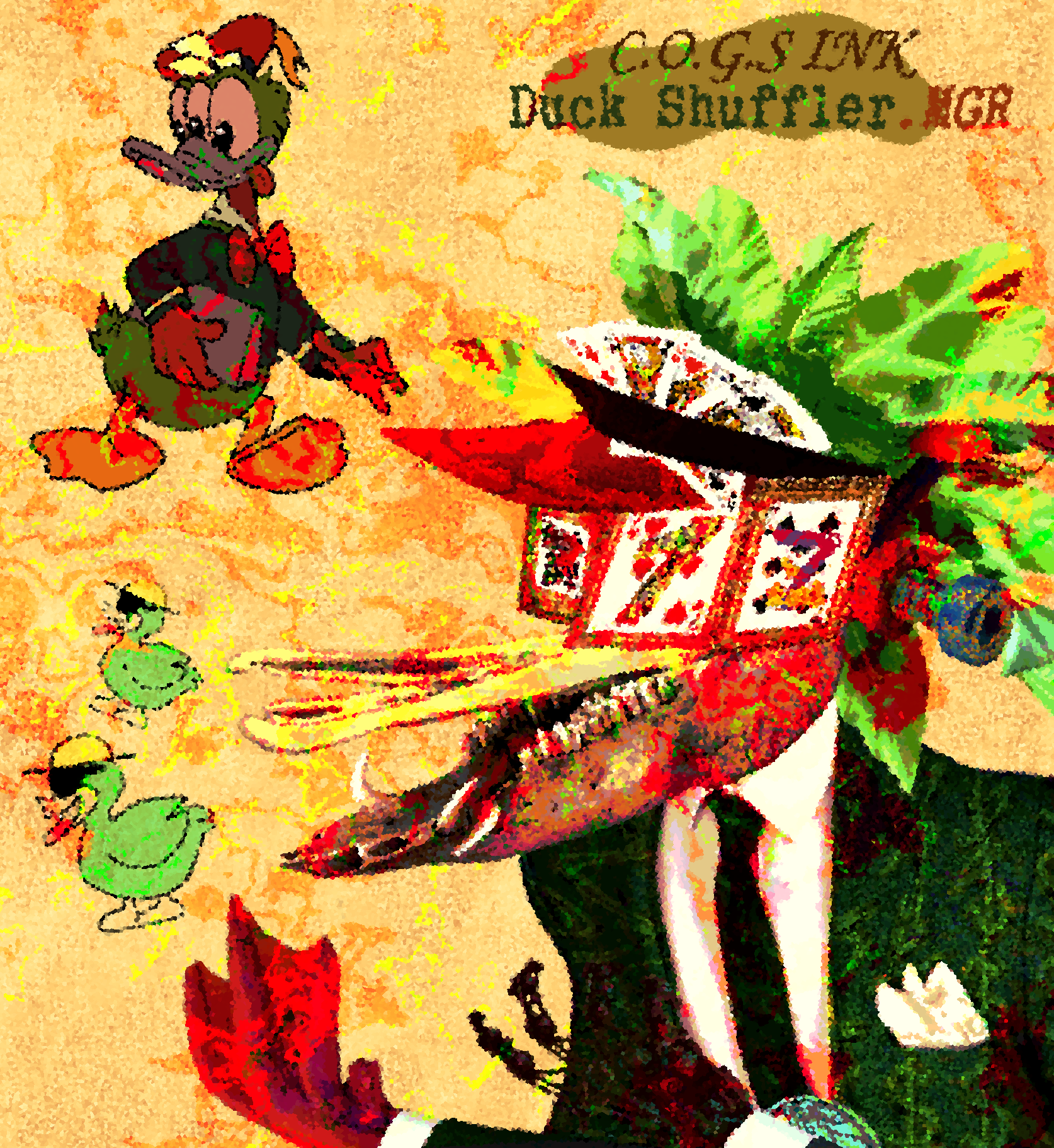 a mixed media illustrated and digital collage piece. depicted is duck shuffler collaged together with various items to resemble him, on the left is two duck shufflers traced over donald duck images.