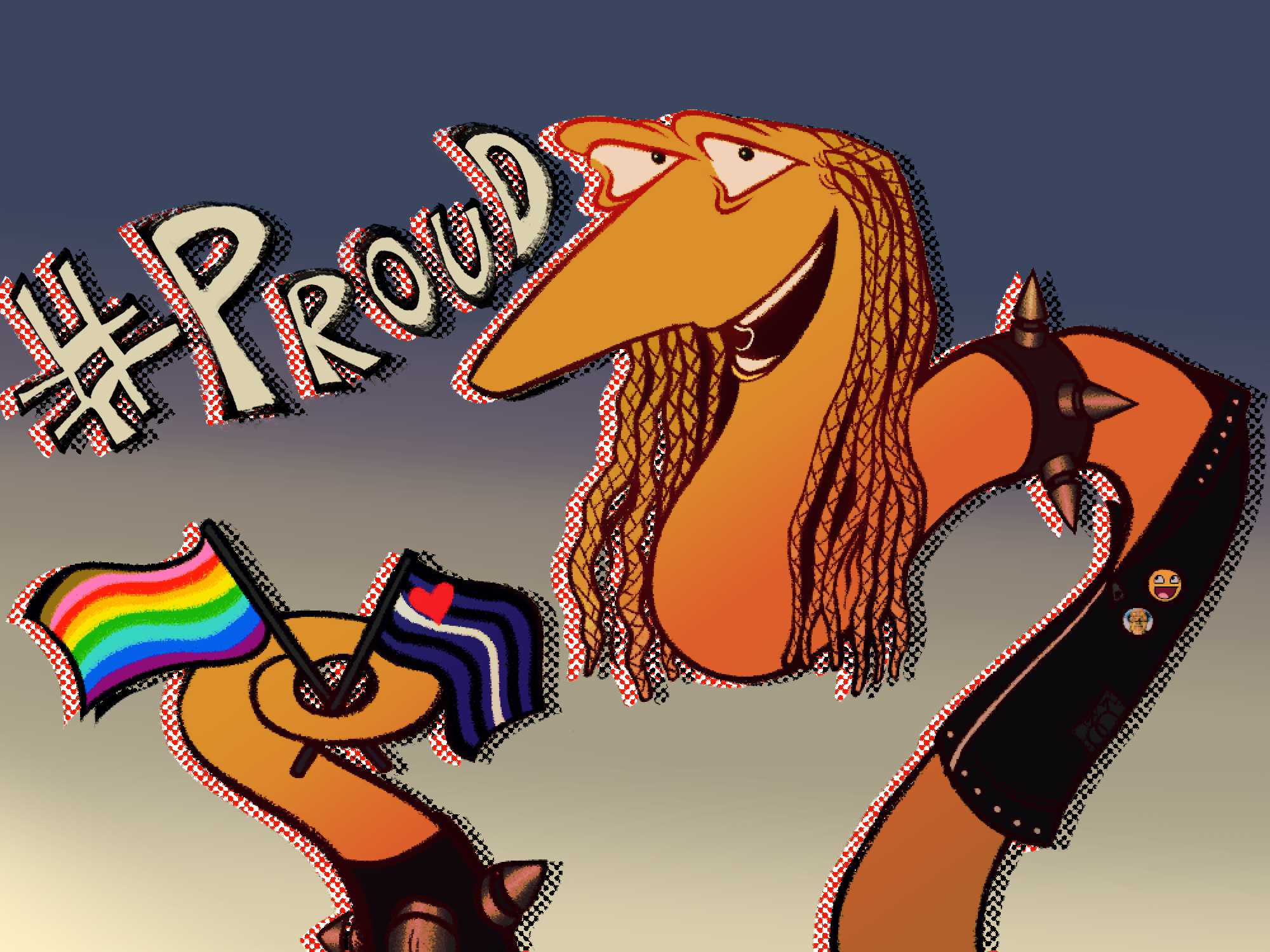 an illustrated digital piece. depicted is the character jimmy from the animated movie disco worms. jimmy is seen holding up a gay and leather pride flag, on the left middle to top is the text '#proud'.