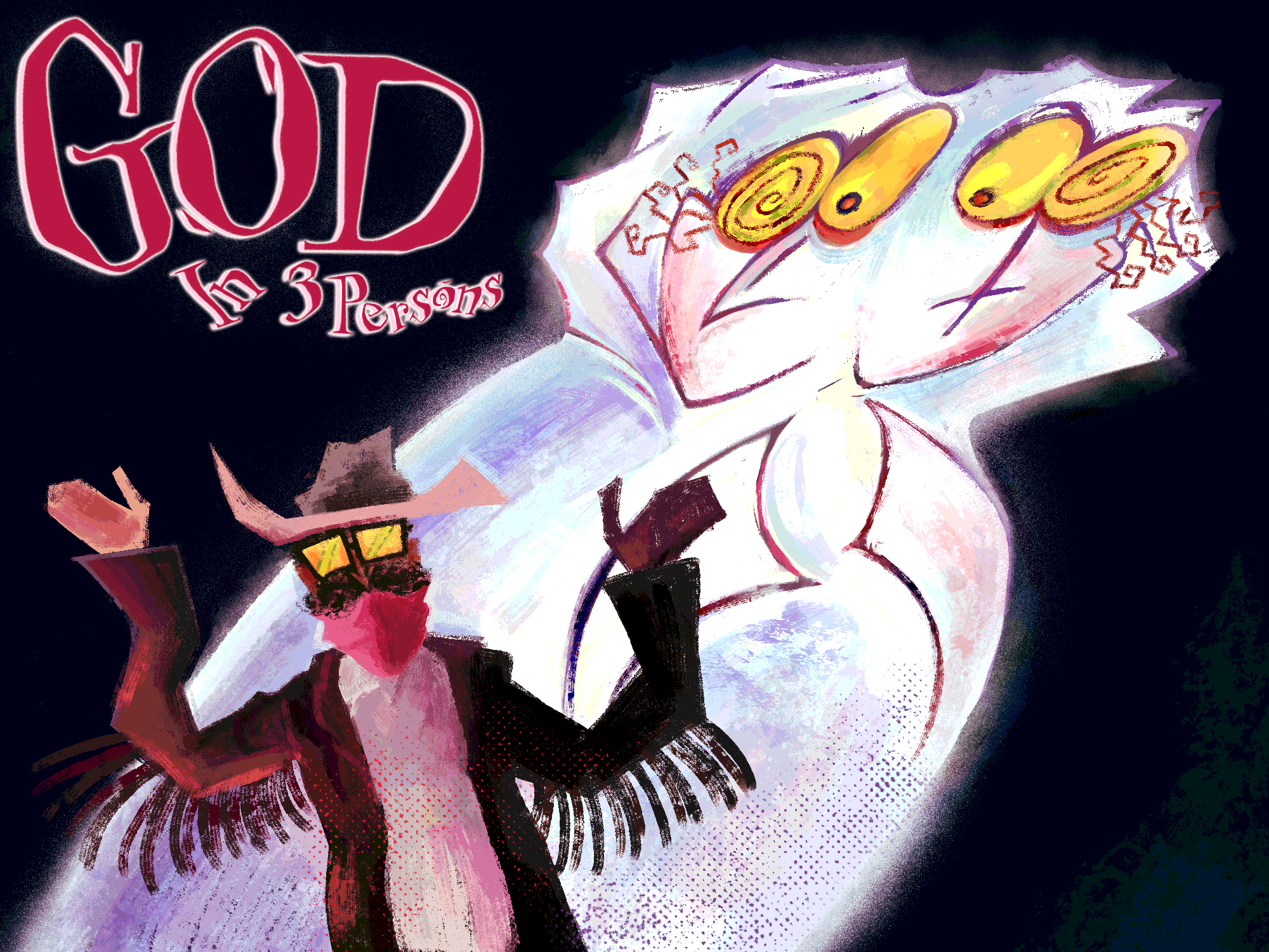 an illustrated digital painting. depicted are the characters to the residents album, god in three persons, mr x and the twins. mr x is raising his arms up to the air and dressed in cowboy inspired gear while the twins on the right side are dressed in glowing white.