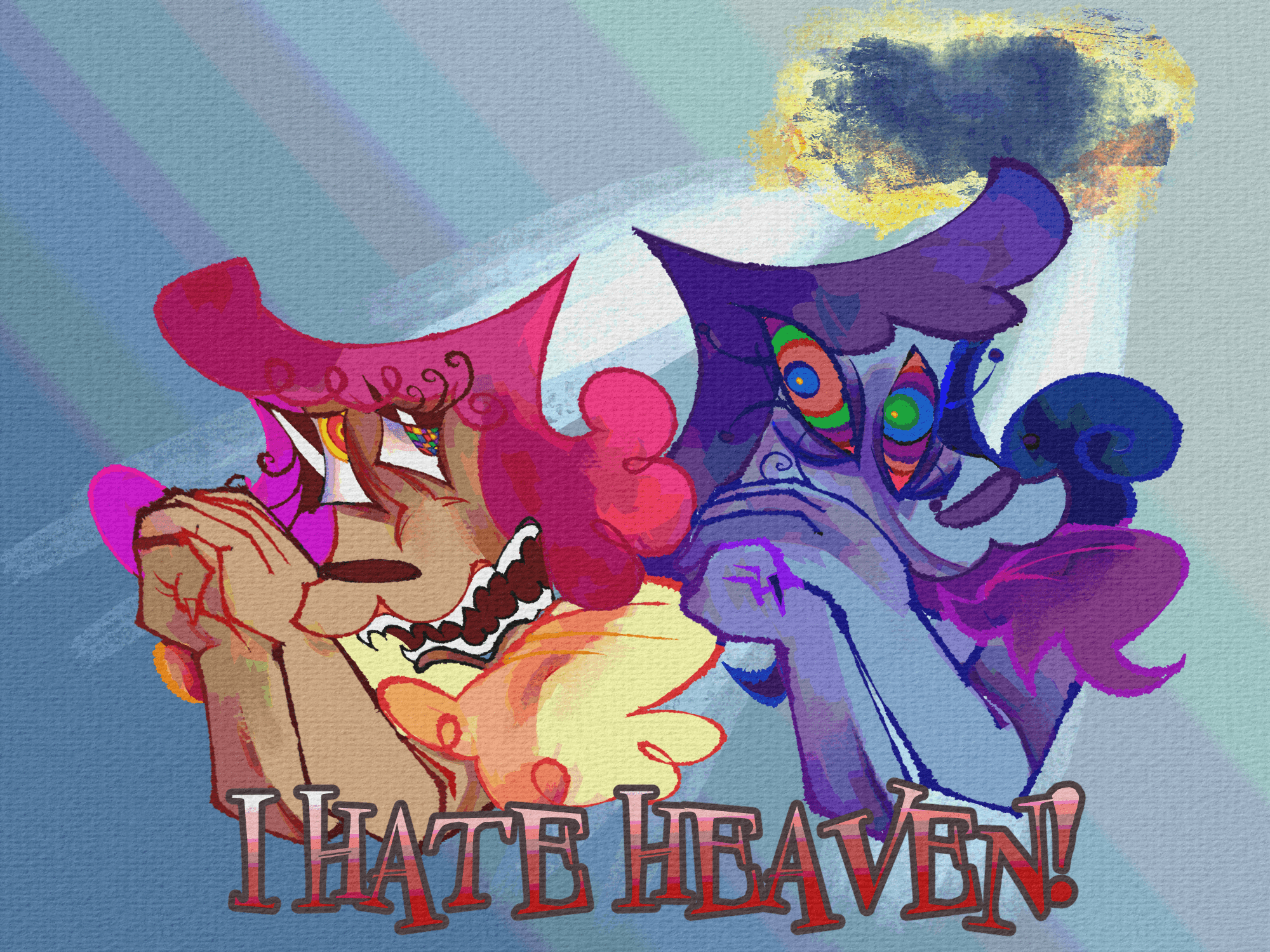 an illustrated digital piece. depicted are angel and devil dog from gregory horror show side to side, both are praying with their hands clasped together. at the top is the bottom is the text 'i hate heaven!' as reference to the residents song by the same name.