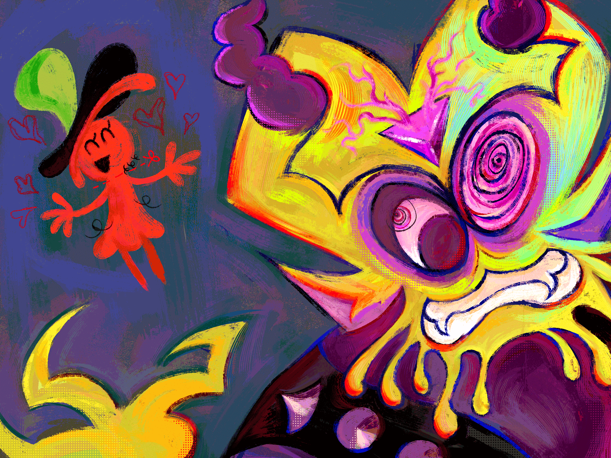 an illustrated digital painting. depicted is major threat and wander from wander over yonder, major threat is incredibly enraged at the right side while wander has a cheery expression on his face, ready to embrace major threat in a hug.