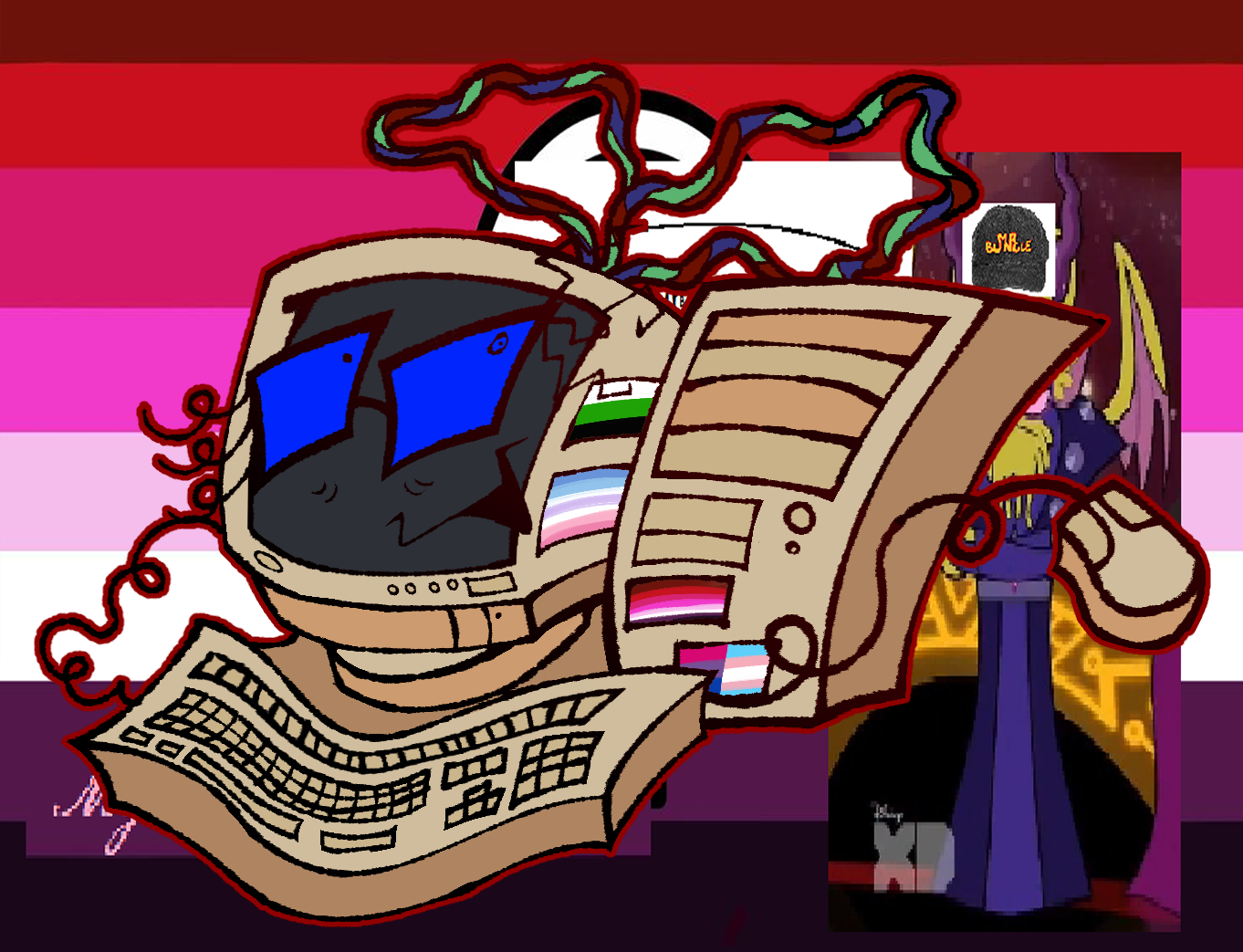 an illustrated digital piece. depicted is the artist's persona with various pride flags corresponding to the artists sexuality and gender identity.