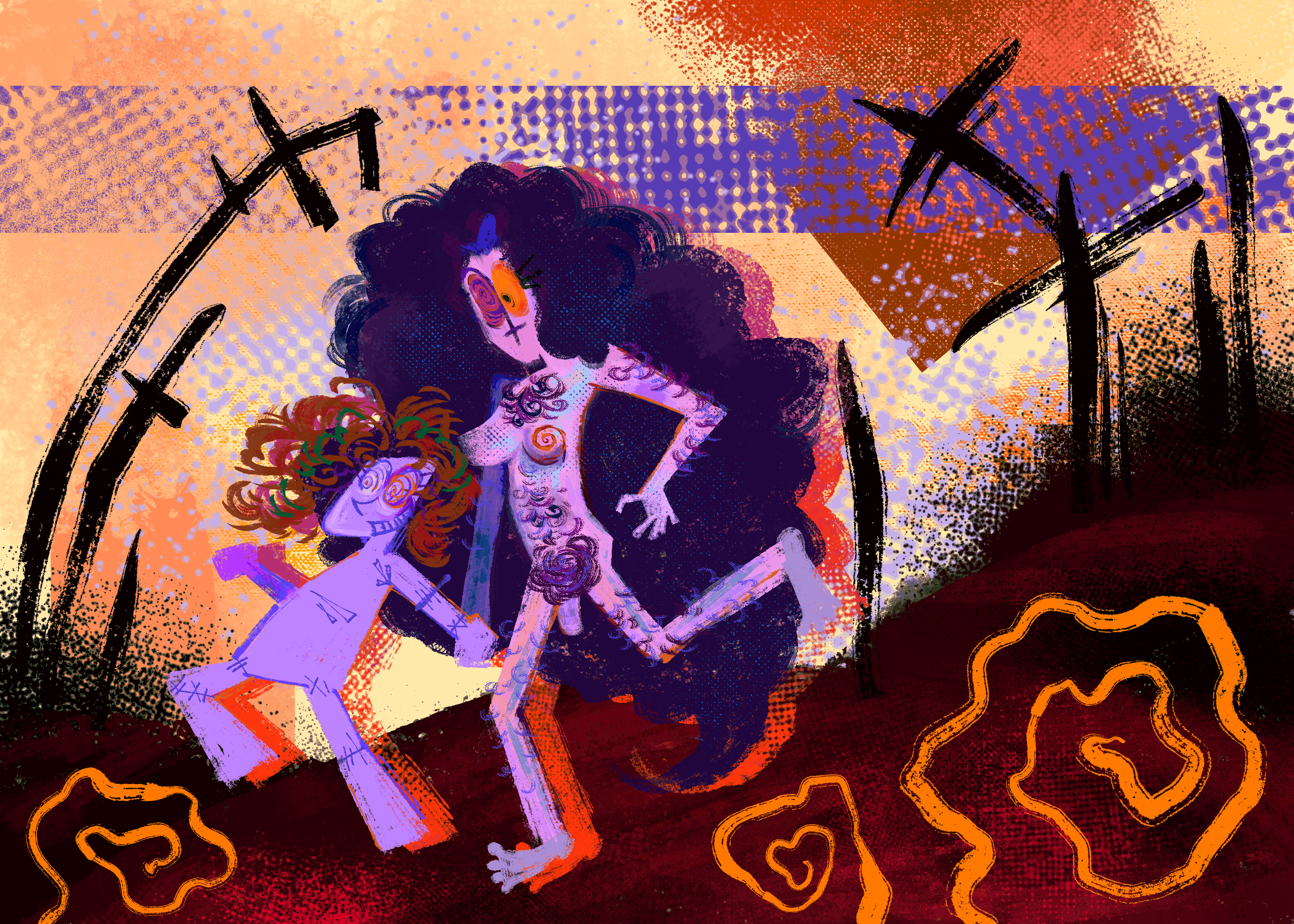 an illustrated digital painting. depicted are original characters, psilocybe and chimera. they are both running in an abstract background/field holding hands, both are depicted nude.