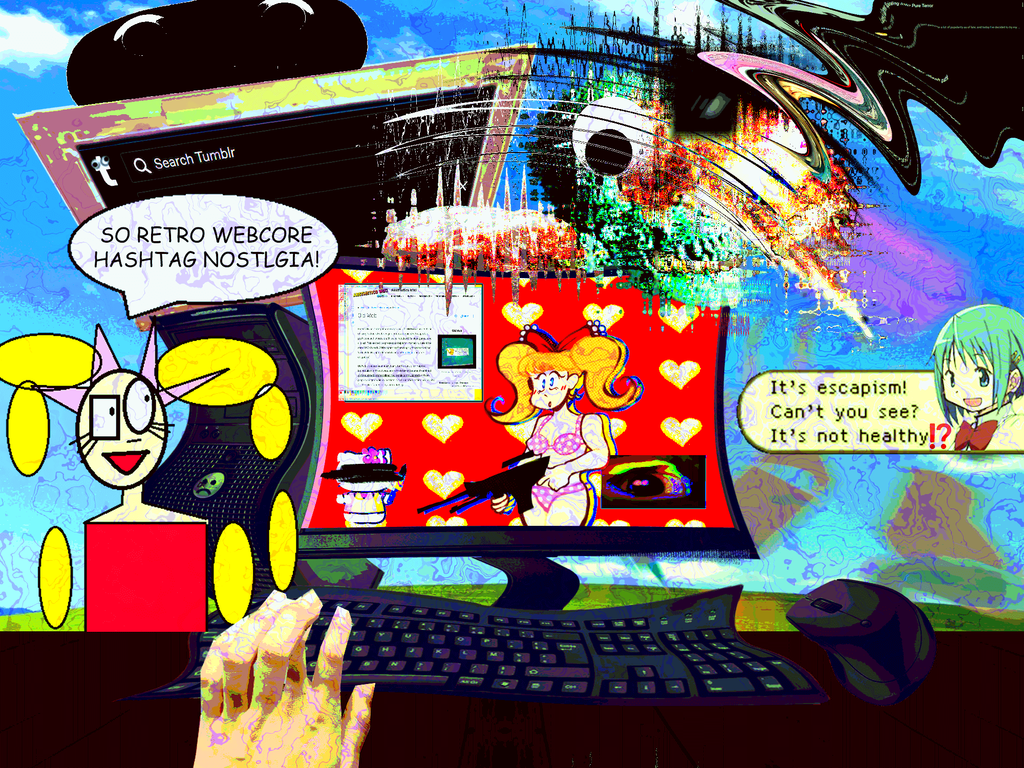 a digital mixed media illustrated and collage piece. depicted is a collage of various items meant to parody webcore and nostlagia focused aesthetics online.