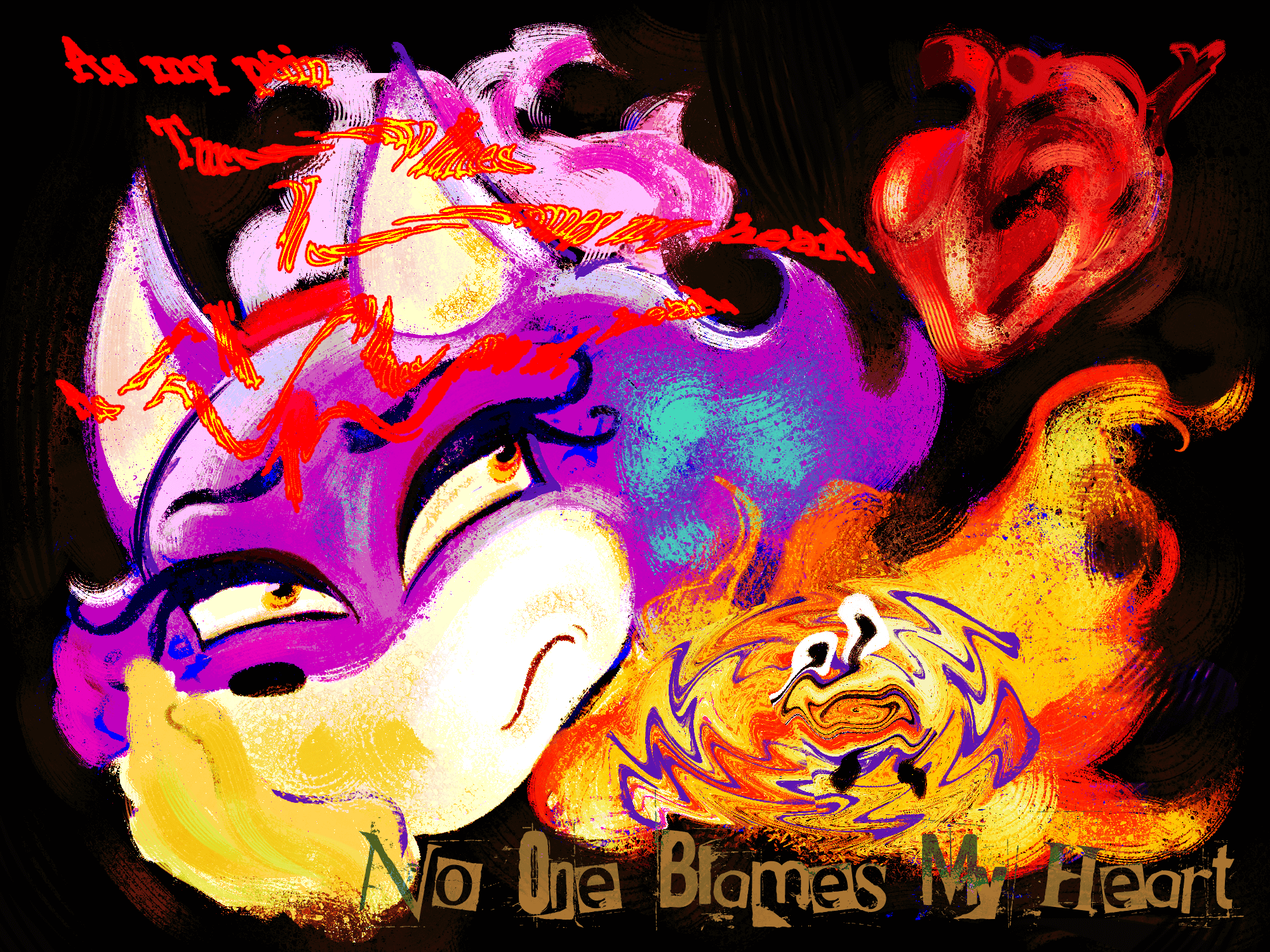 an illustrated digital painting. depicted is blaze the cat from the sonic the hedgehog franchise, blaze has a saddened expression on her face. the text on the upper left and lower right corners of the piece are lyrics to the residents song 'the car thief'.