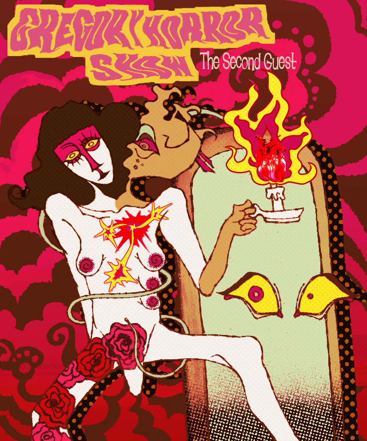 an illustrated digital piece. depicted is the second guest from gregory horror show season 2, she is depicted as nude and she is connected to the head of gregory.