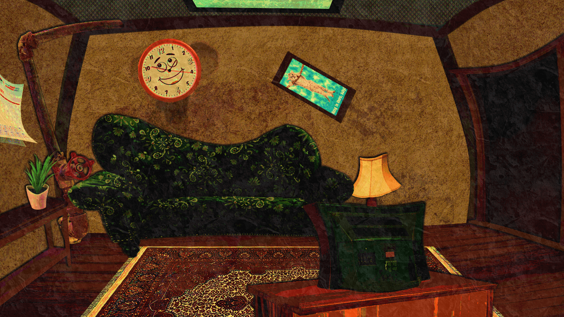 a digital collage art piece. depicted is a living room with a couch in the center of it.