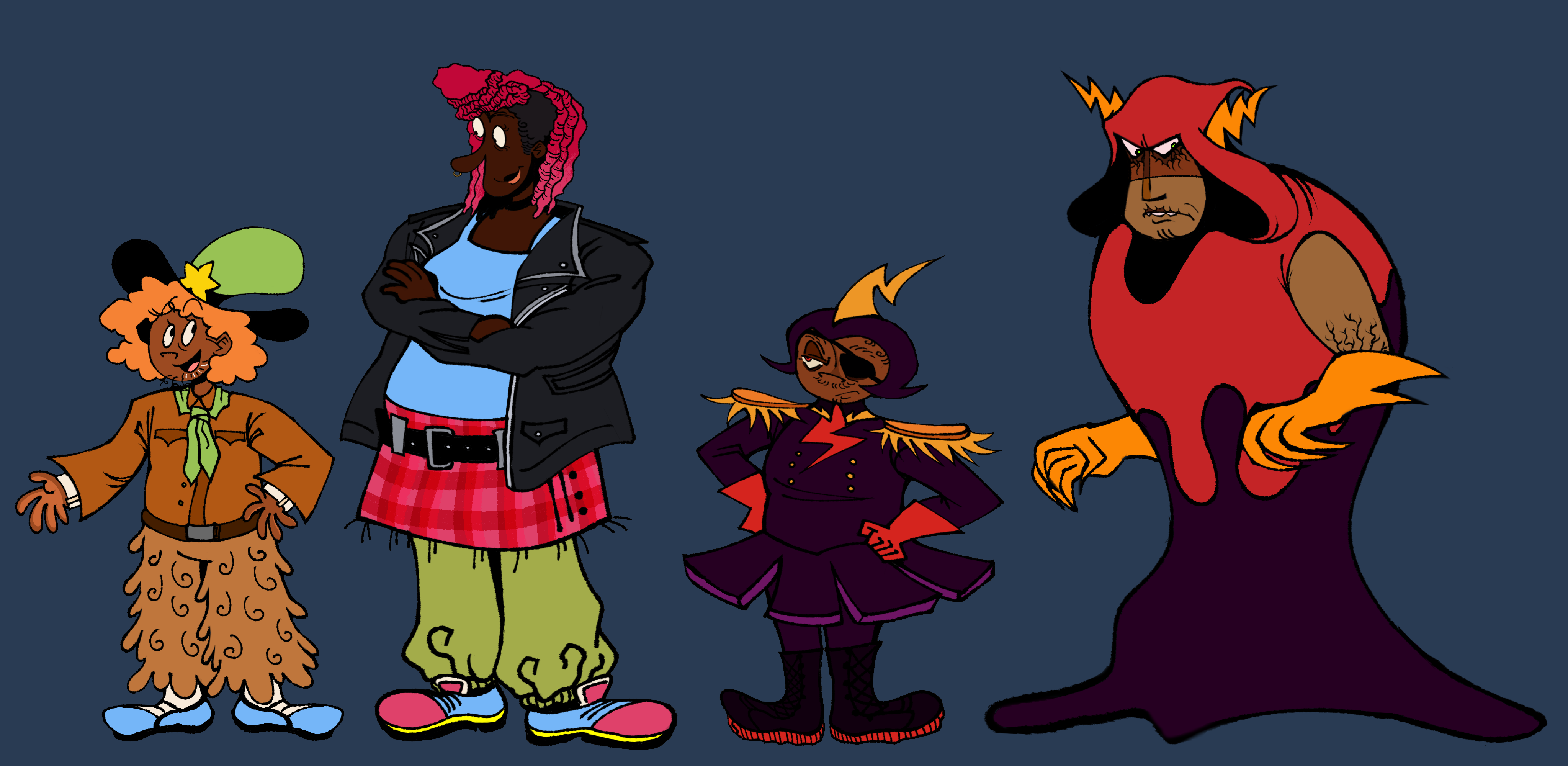 an illustrated digital piece. depicted are humanizations of the wander over yonder characters, wander, sylvia, peepers and lord hater.