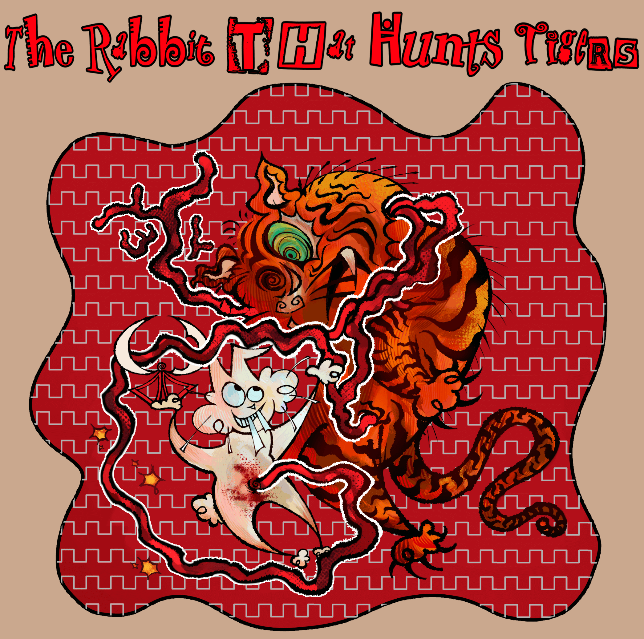 an illustrated digital piece. depicted is a stylized rabbit strangling a tiger via a shared umbillical cord. the tiger despite being the apex predator and towering over the rabbit is overwhelmed by the cheeky rabbit.