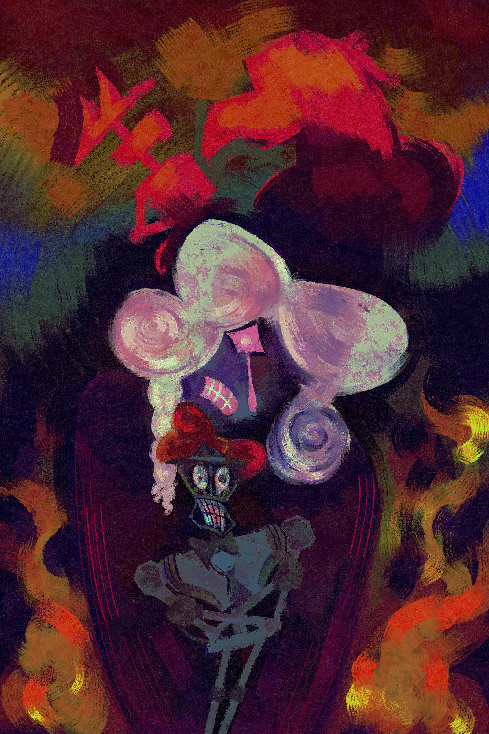 an illustrated digital painting. depicted is atticus wing in his skeletal cog form standing in the middle facing the pov. behind him is a larger version of atticus in his big wig form shedding a single tear. flame envelope atticus as the silhouette of him and his husband clancy embrace.