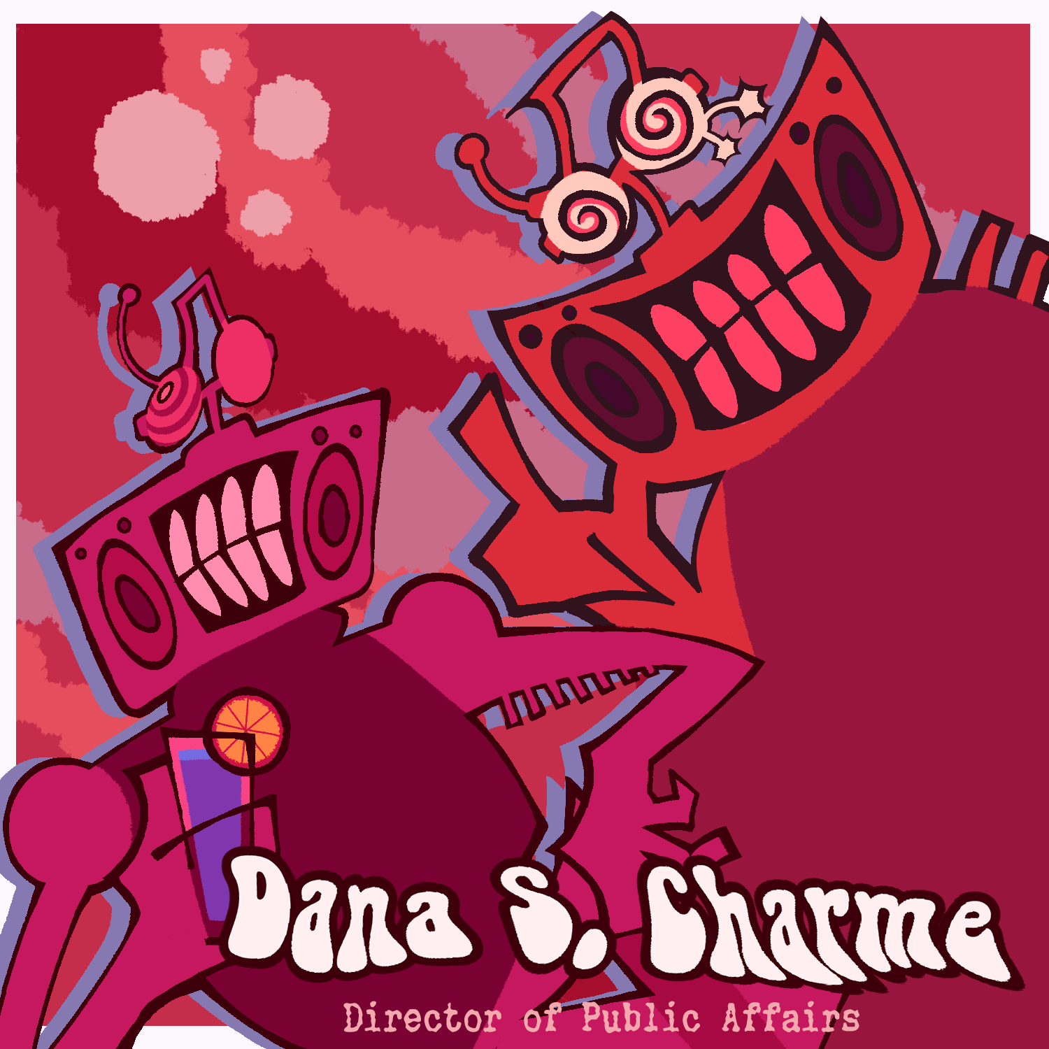 an illustrated digital drawing. depicted is dana s charme in a limited color palette, on the left is dana looking to the side while holding a cocktail while on the right, dana is seen pointing a finger up while smiling widely.