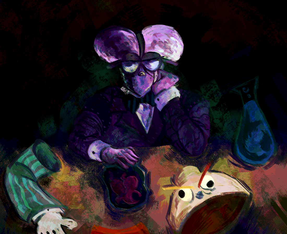 an illustrated digital painting. depicted is brain facing the pov, sitting from a desk with a bunch of scientific bottle and disembembered body parts of desk jockeys are scattered across the desk.