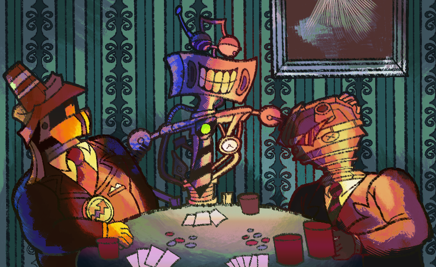 an illustrated digital piece. depicted is buck wilde on the left, dana s charme in the middle and desmond kerosene on the right, all sitting at a table playing poker. buck is looking up at dana while desmond instead looks down towards the cards, dana is staring at desmond while both of his arms are around buck and desmond.