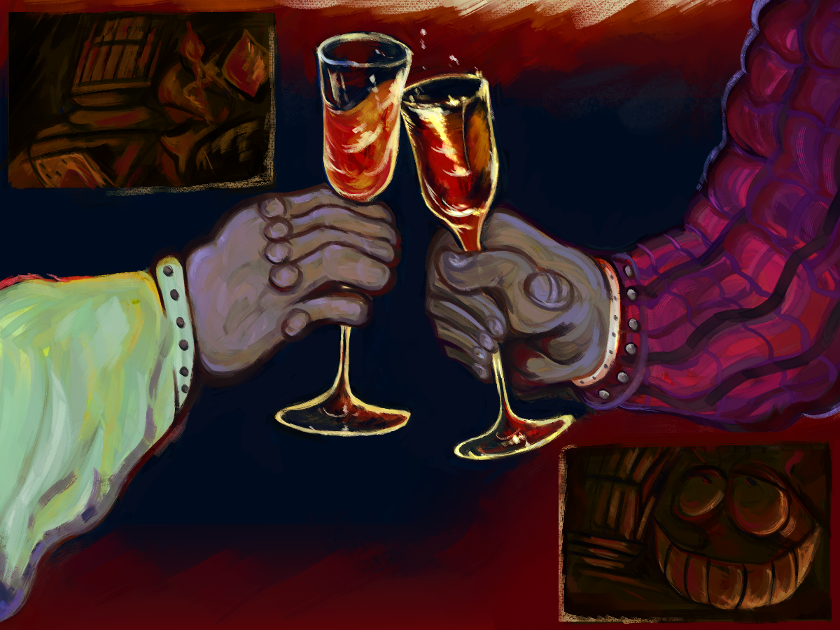 an illustrated digital painting. depicted is the arms of craig edgar oilcan and allan bravecog, the main focus is on their hands as they both hold onto wine glasses, having a toast. on the upper left and bottom right of the piece is craig looking back at allan coldly, while allan looks up to craig with some affection for him.