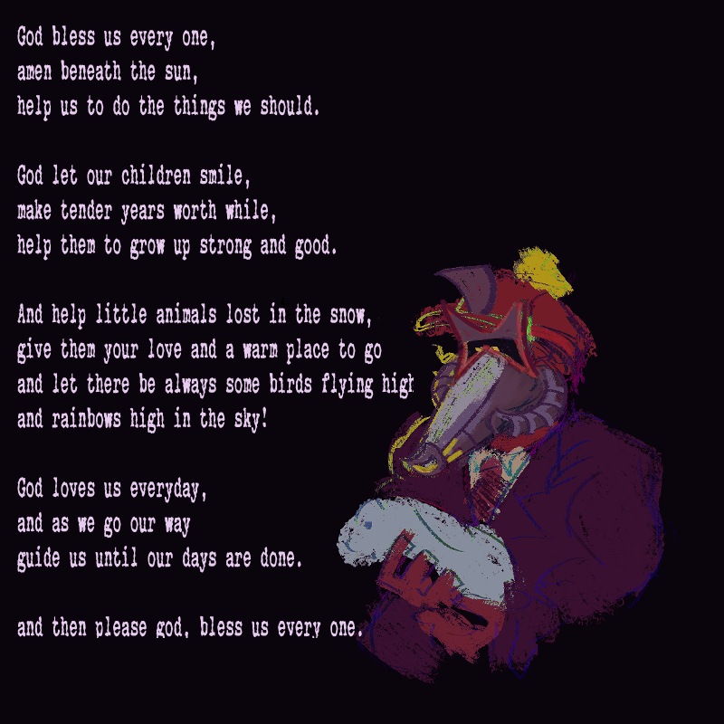 a doodle piece. depicted is flint bonpyre holding a rabbit in his arms, looking at it lovingly, on the left is an attemoted lyric transcribe of the lyrics to bruce haack's god bless us, everyone song.