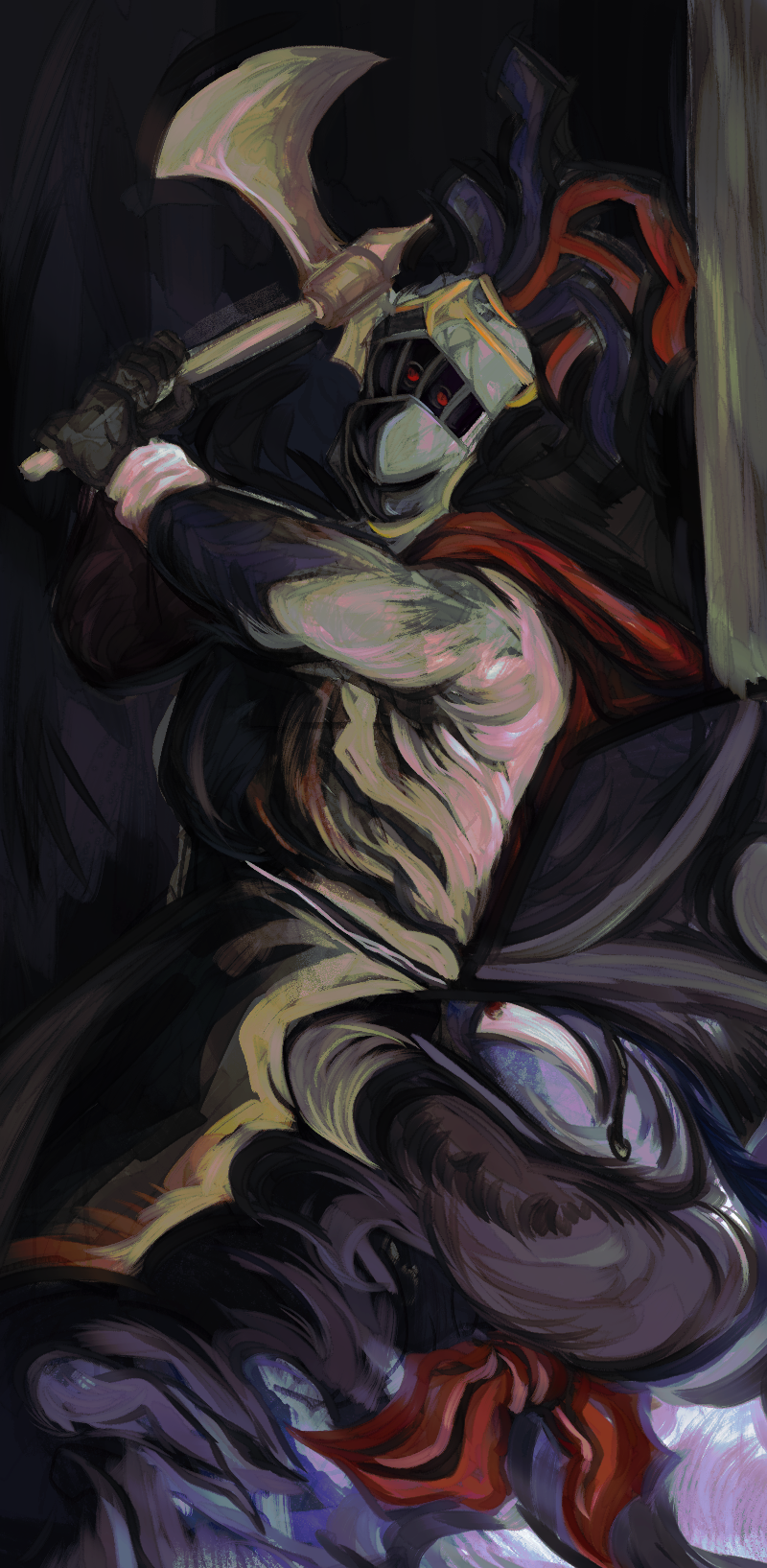 an illustrated digital painting. depicted is holly grayelle looking upon prester virgil, preparing to swing her axe into prester's body as his view catches on.