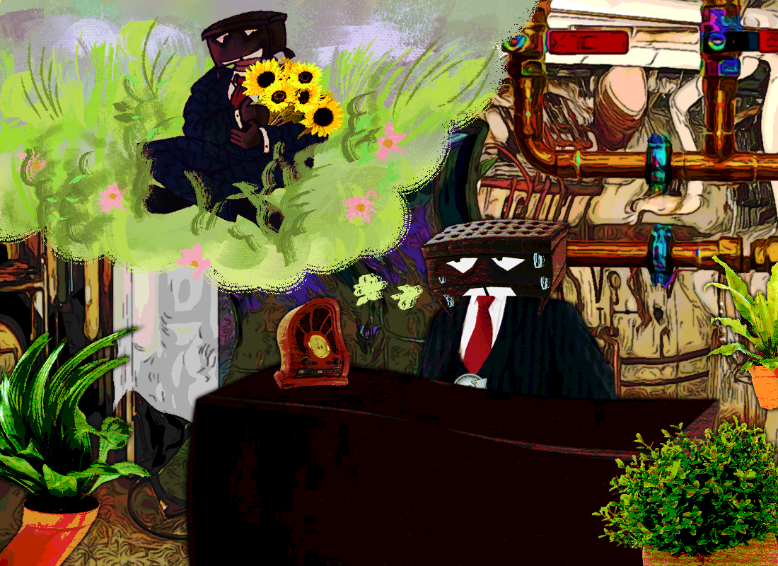 a mixed media piece, part digital painting and image collage. depicted is the ottoman in his office sitting at his desk, he has a distressed expression on his face as a thought bubble to the left showcases a fantasy of thomas. in the thought bubble is a thomas saggs sitting in a field of grass holding a bouquet of sunflowers in his arms, he in contrast has a pleased expression in his face.