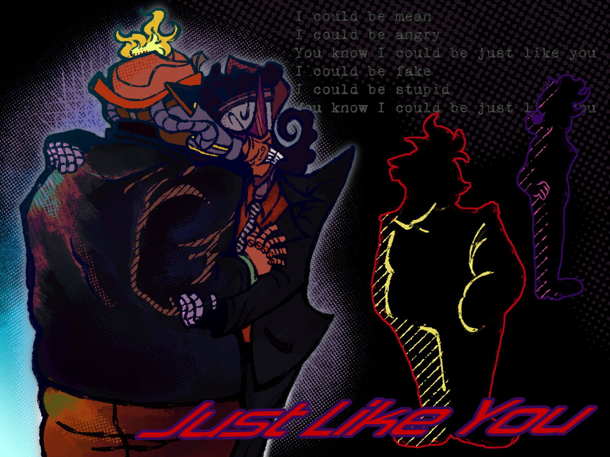 an illustrated digital piece. depicted is flint bonpyre and graham ness payser facing each other, flint's back facing the pov. on the right side are silhouettes of them both facing away from each other in contrast. the text are the lyrics to the song just like you, the text on the bottom is the title to that song.