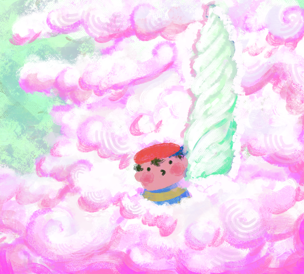 an illustrated digital painting. depicted is ninten standing in the clouds of magicant.