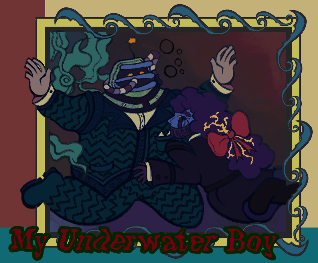 an illustrated digital piece. depicted is mary anna and misty monsoon floating in a deep body of water, staring at each other lovingly. on the bottom left of the piece is the text 'my underwater boy'