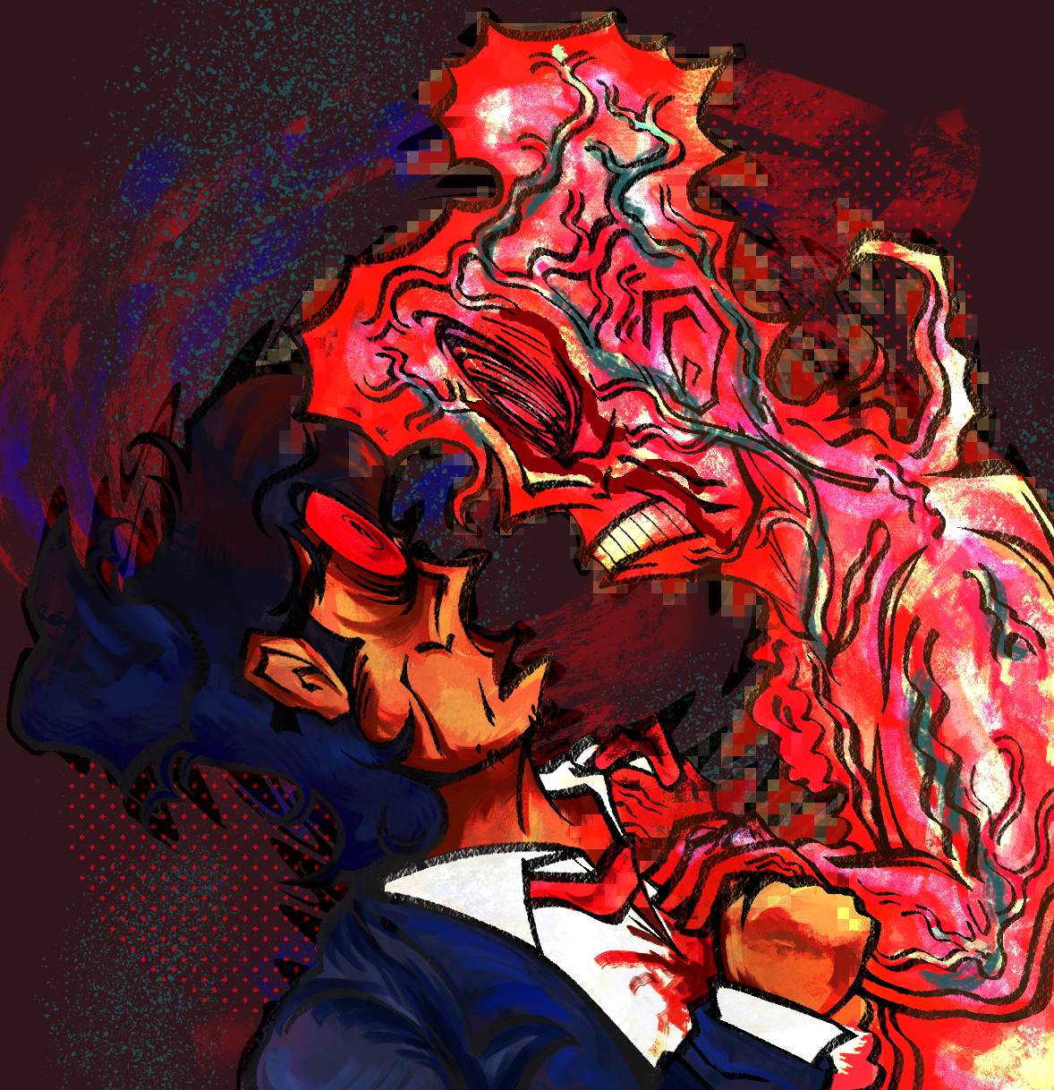 an illustrated digital painting. depicted is an original character, oscar yuen, facing towards a skinned version of himself grabbing his suit in a confrotation.