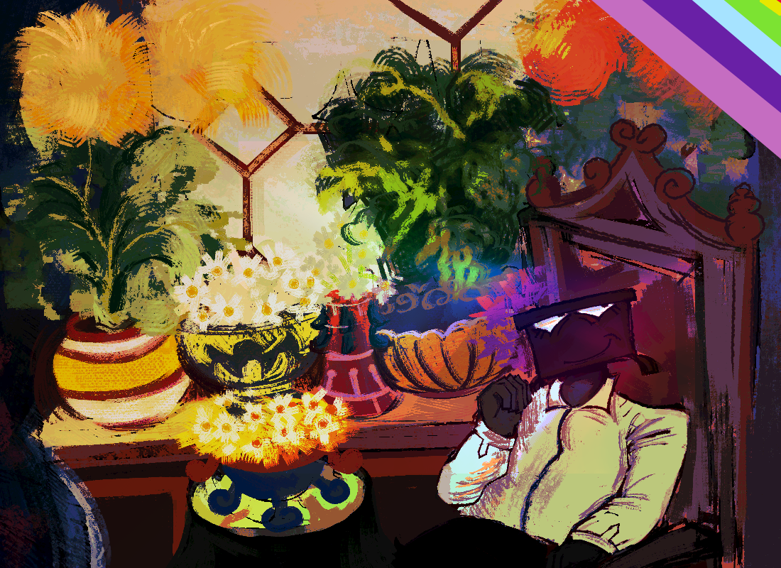 an illustrated digital painting. depicted is ottoman in a different article of clothing, a white t shirt, sitting in a chair in a room full of plant and flower pottery, he has a very pleased look on his face.