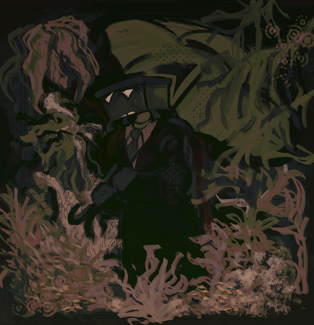 an illustrated digital painting. depicted is ottoman looking at a 3/4th angle in raincoat attire holding an umbrella, he is surrounded in wild life.