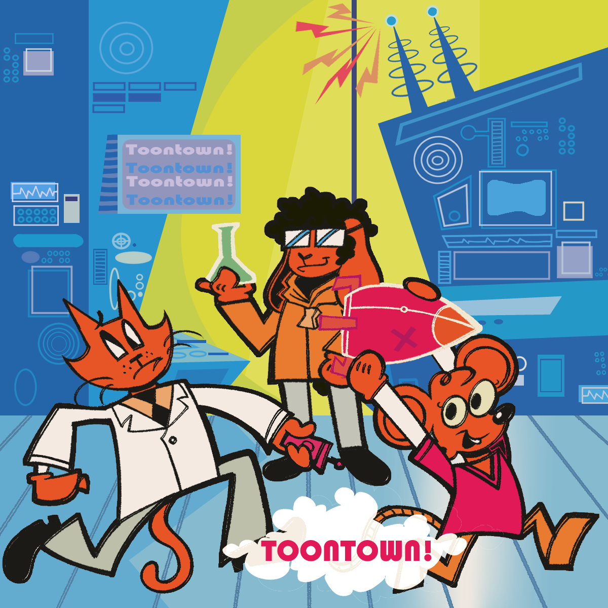 an illustrated digital piece. depicted is a redraw of the album cover of an album by the same title, in place of the characters from the album cover are winn dos, mac opsys and proffessor pete.