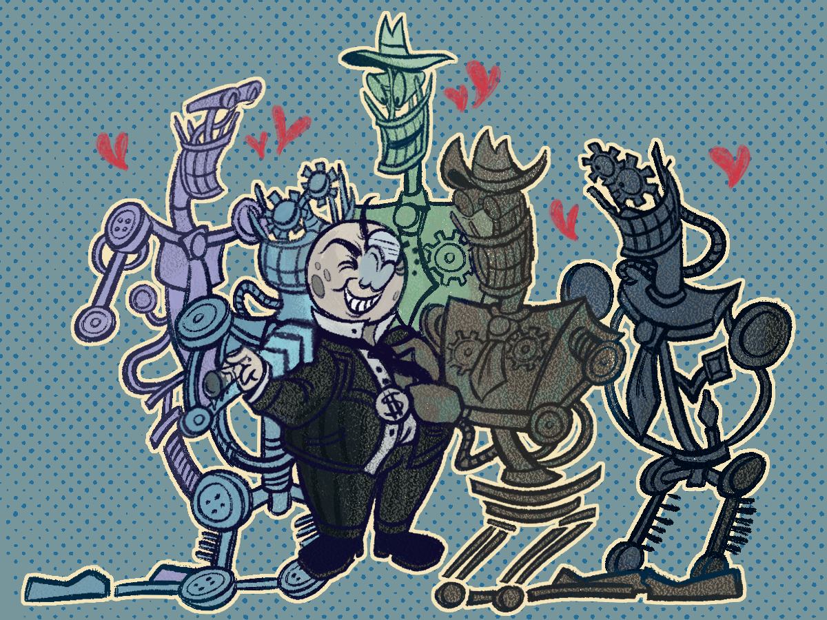 an illustrated digital piece. depicted is cosmo kuiper in the center as he his surrounded and recieving romantic attention from all the satellite investors. charon on the right is helping fix up cosmo's tie while hydra on the right has a hand on cosmo's shoulder. hearts surround all of them.