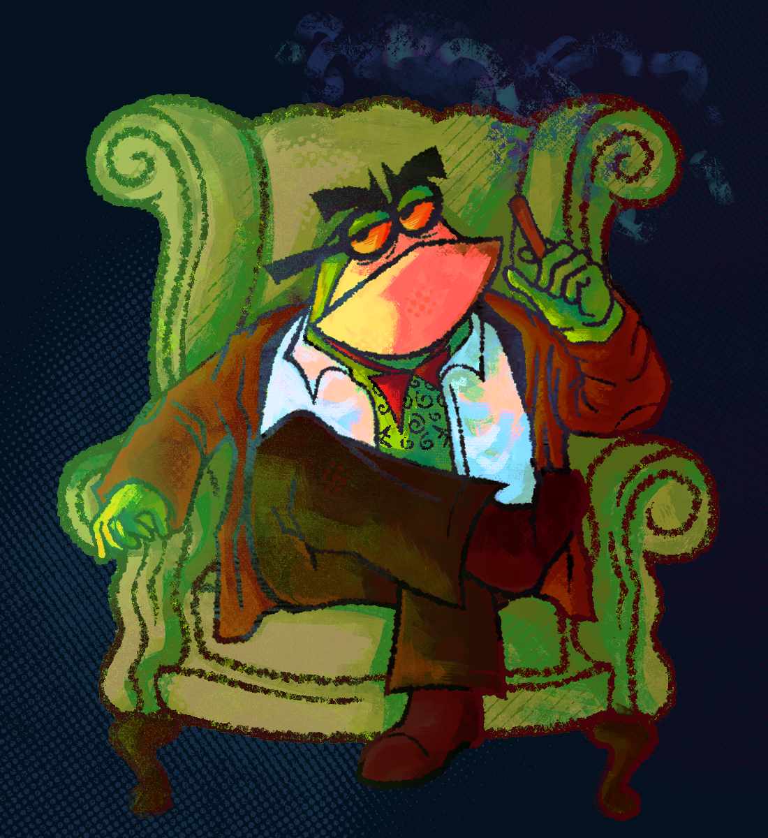 an illustrated digital piece. depicted is principal pixiefrog from my gym partner's a monkey sitting in a chair with one of his legs up on the other. in his hand is a cigarette and his chest is exposed.