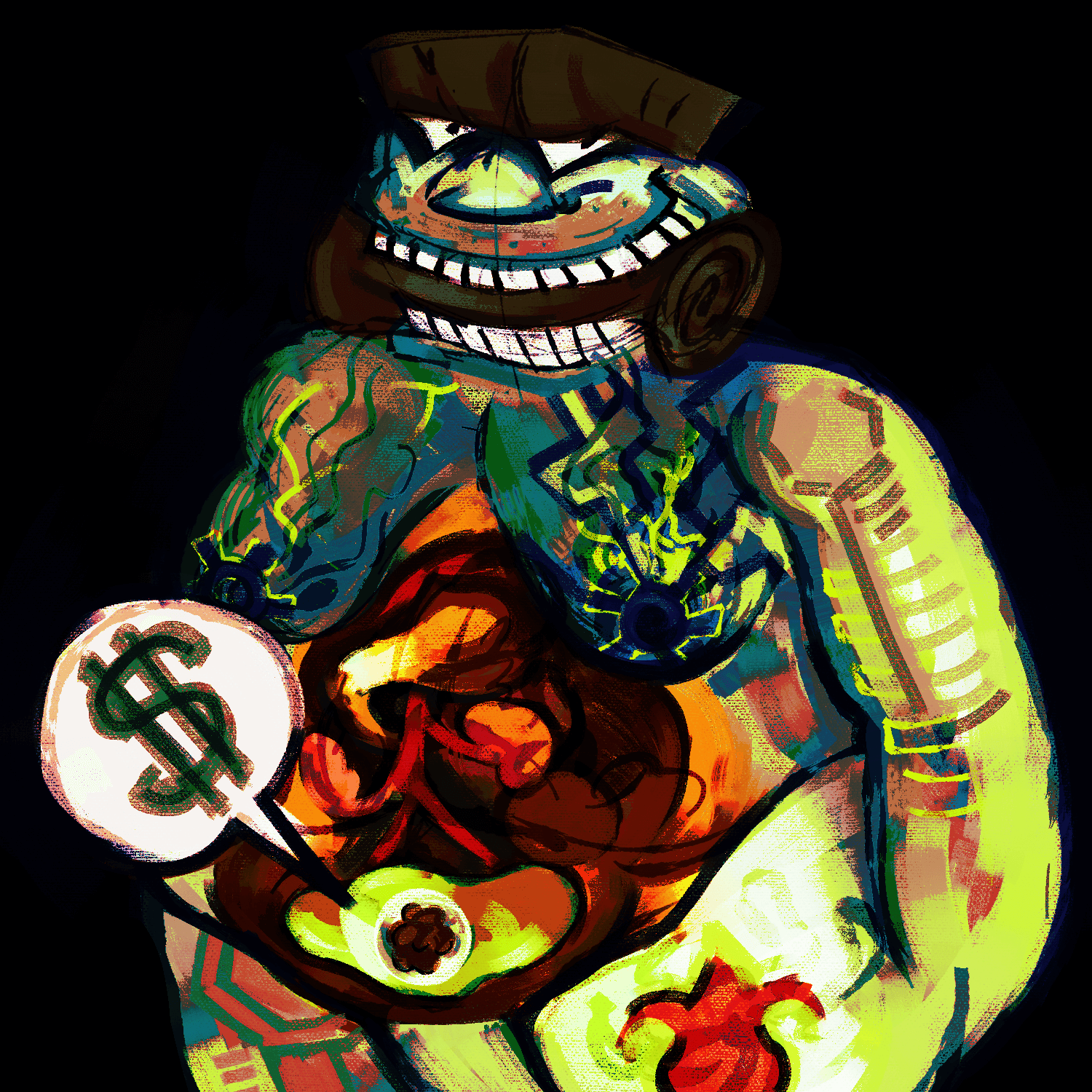 an illustrated digital painting. depicted is spruce campbell looking at the pov, he is depicted nude being a mix of both organic and mechanical part. part of is body see-through so his intestines or womb is exposed, next to his womb is a bubble with the dollar sign symbol depicted in it.