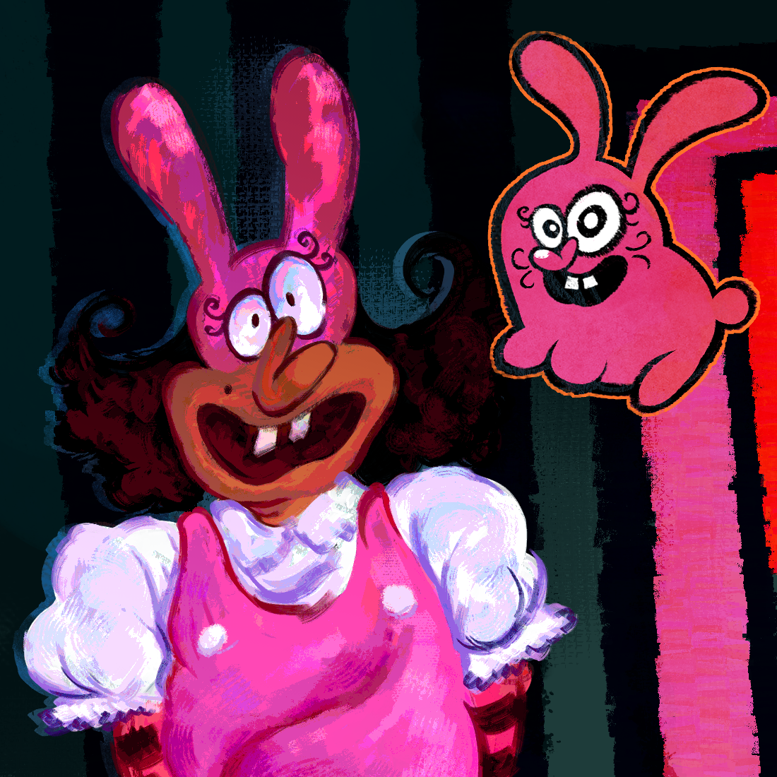 an illustrated digital painting. depicted is noisette standing on the left side of the piece, smiling towards the pov. on the side is the bunny form of noisette also smiling on.