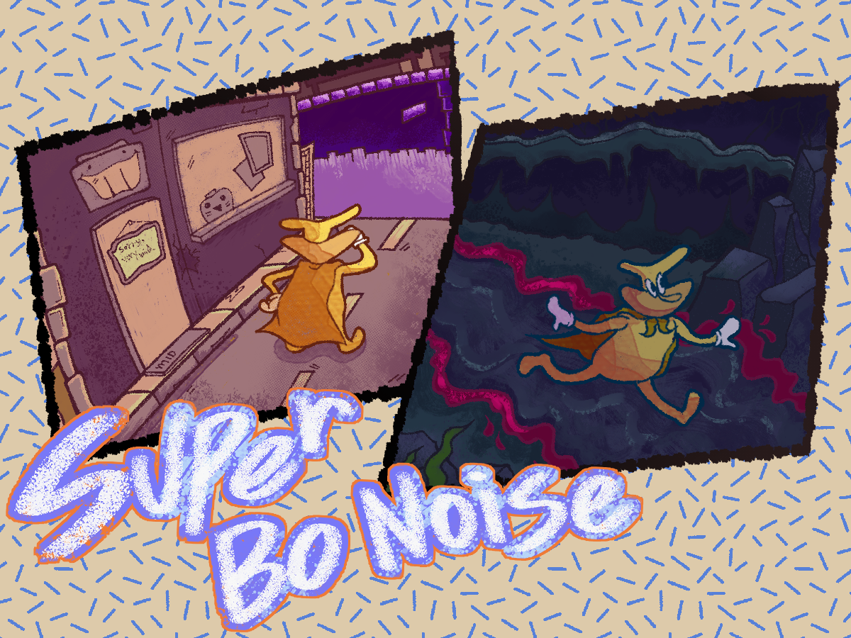 an illustrated digital painting. depicted is bo noise from the game super bo noise from the levels midway and lake blud.