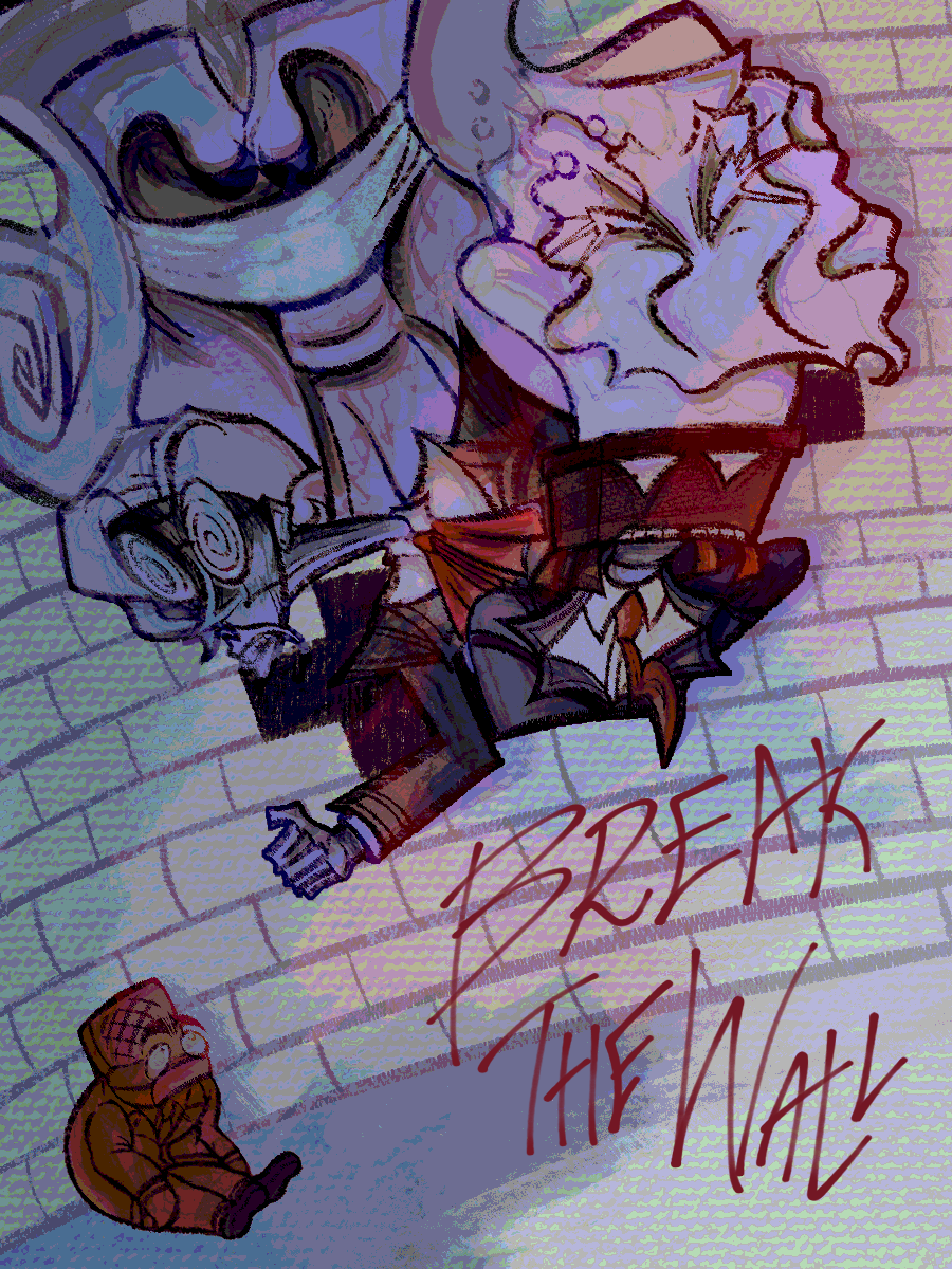 an illustrated digital piece. depicted is a small robert cyger looking up with a blank expression at distorted versions of people revelant in is life, thomas saggs, crystalline cyger, diane morsecode and john robolts. this piece is a redraw of a poster of the movie the wall, based off the pink floyd album of the same name.