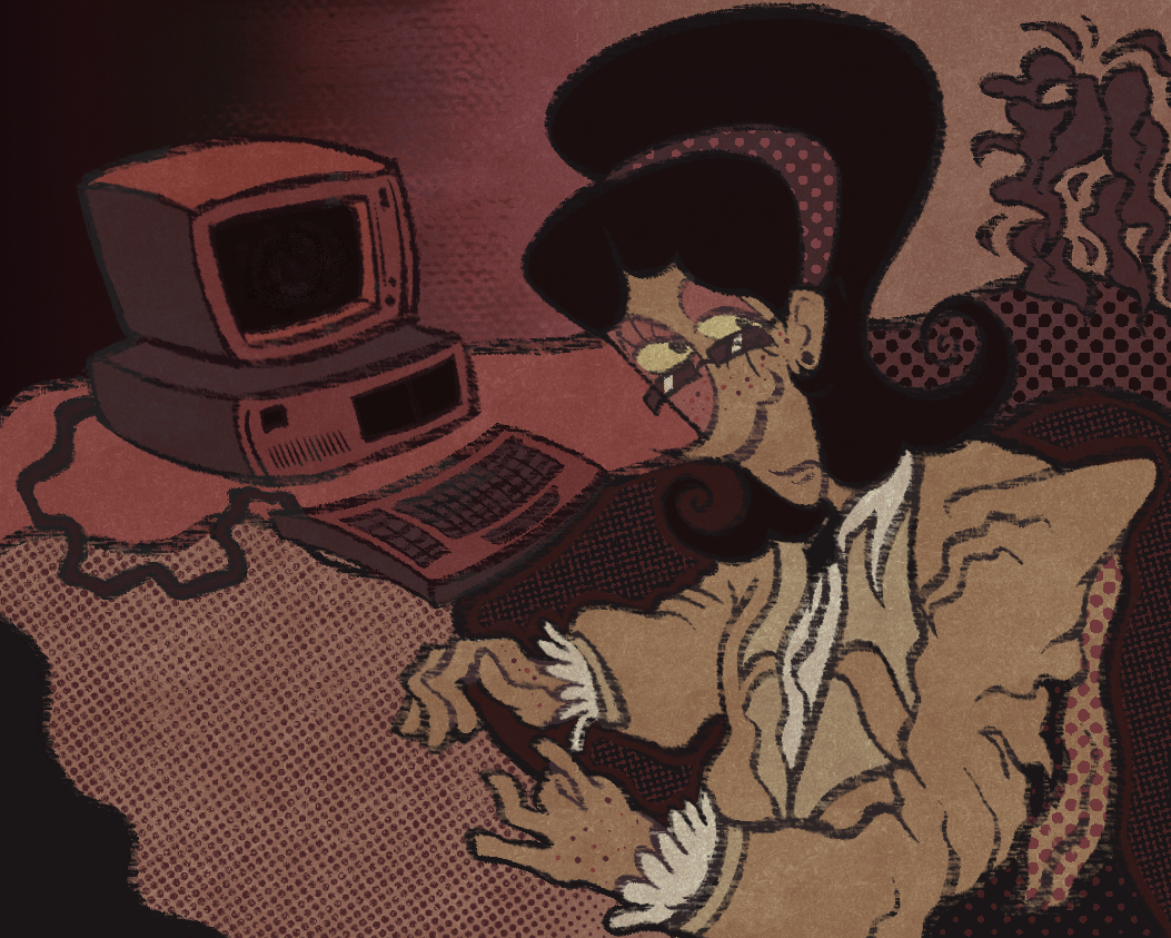 an illustrated digital piece. depicted is an original character, peter something flores, at a desk with a computer on it, peter looks at another direction away from the computer.