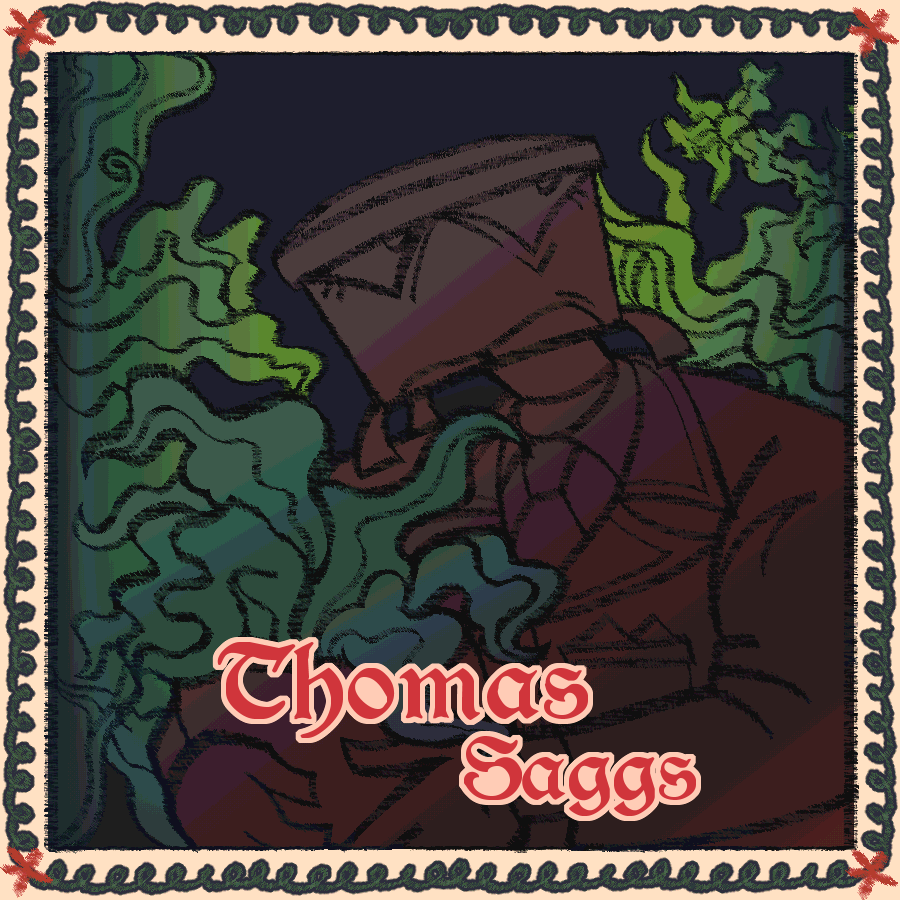 an illustrated digital piece. depicted is thomas saggs looking to the side while holding a potted plant in his arms while being surrounded in wild plant life. on the bottom center is the text 'thomas saggs'.