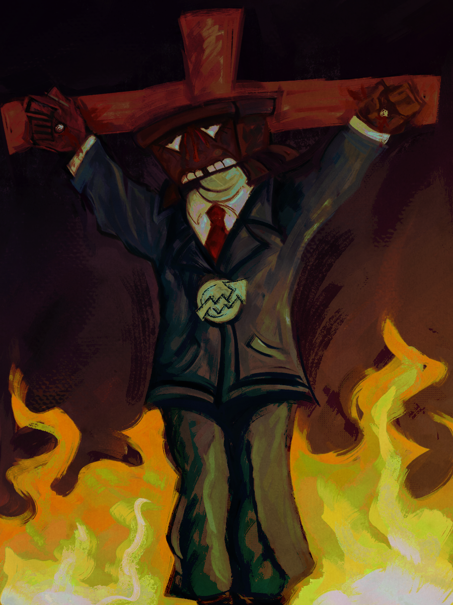 an illustrated digital painting. depicted is thomas saggs being cruxified on the cross, he looks displeased as his hands and forehead 'bleeds' from his cruxification, in the background are flames enveloping thomas.