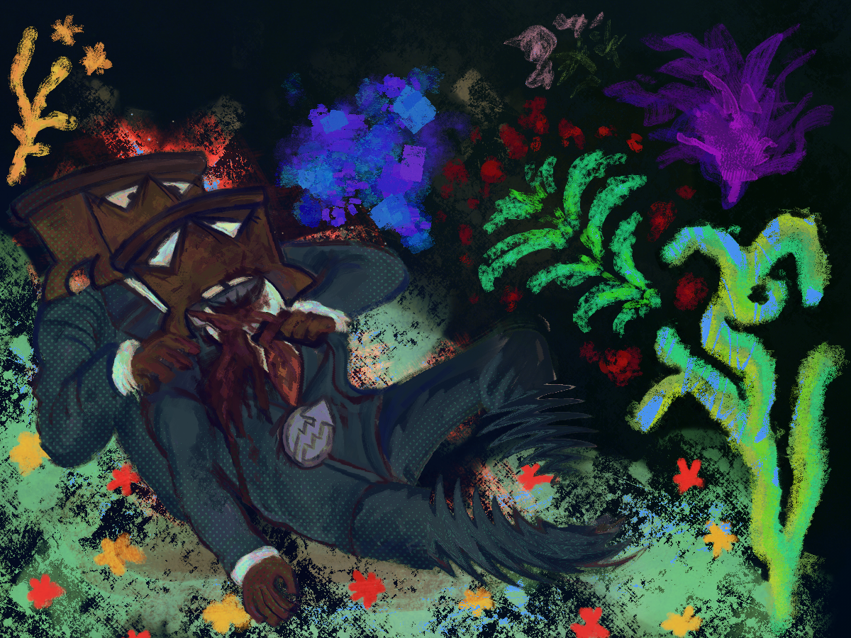 an illustrated digital painting. depicted is two thomas saggs, the first thomas saggs is laying on the body of the other thomas saggs, he is bleeding out from the neck. the other thomas saggs is the one stabbing thomas in the neck, both are looking each other in displeasure. on the side are abstract depictions of plants and flowers.