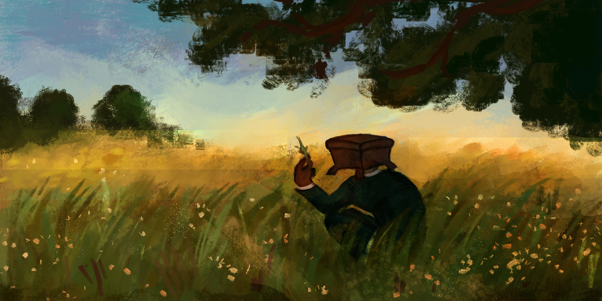 an illustrated digital painting. depicted is thomas saggs with his back faced towards the pov, he is squatting in a grass field with a singular leaf in his hand. in the distance are trees and the sun setting.