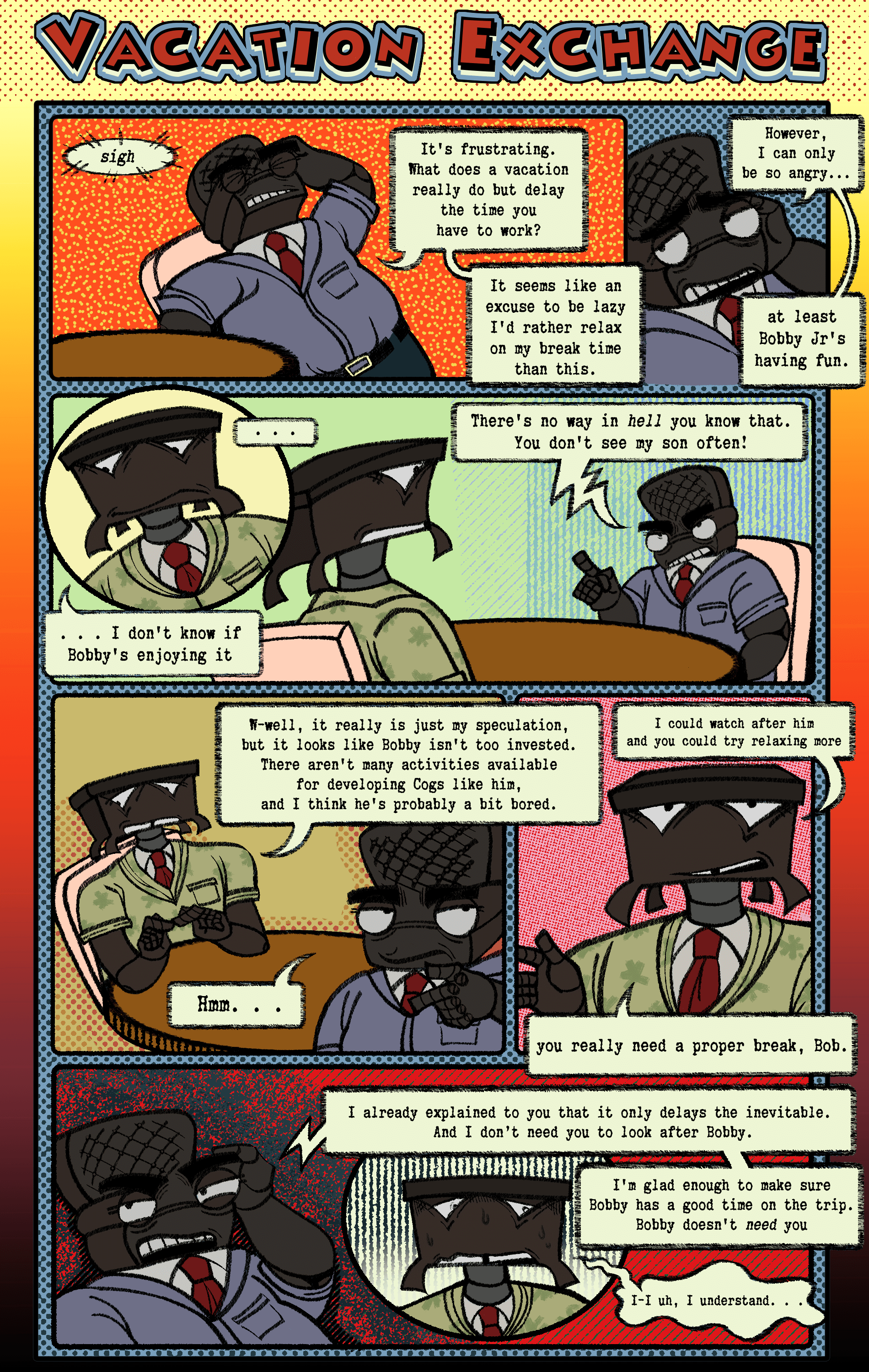 an illustrated comic, page two. depicted is robert cyger and thomas saggs discussing between themselves, the conversation not ending well.