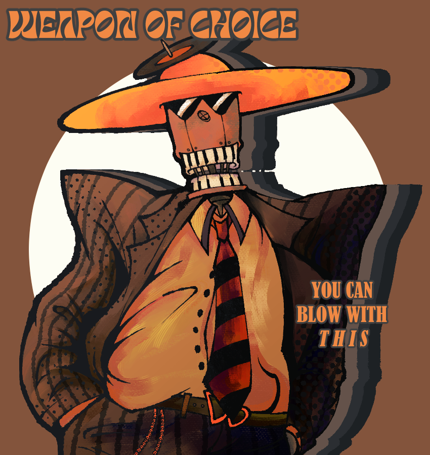 an illustrated digital piece. depicted is dave brubot facing the pov with his hands in his pockets. the text on the piece are lyrics to the song weapon of choice by fatboy slim