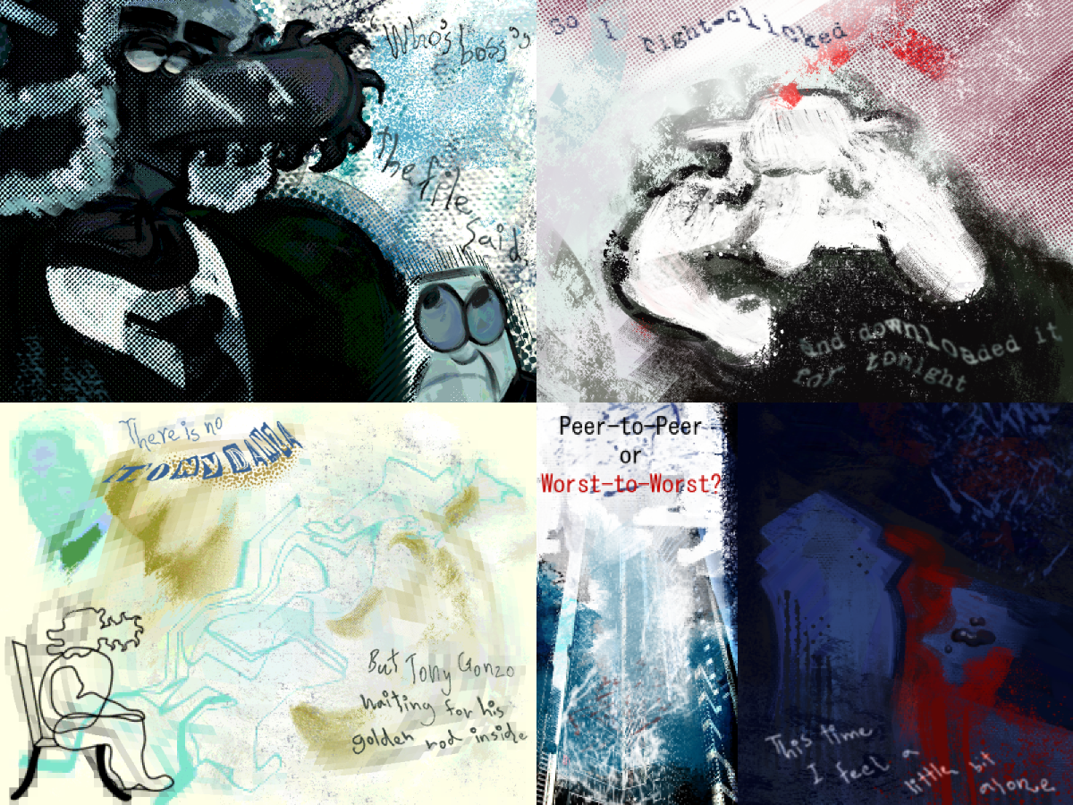 an illustrated digital painting, compiled are four different pieces that make the full art piece. depicted is chip revvington to the lyrics of the song well-oiled machine.