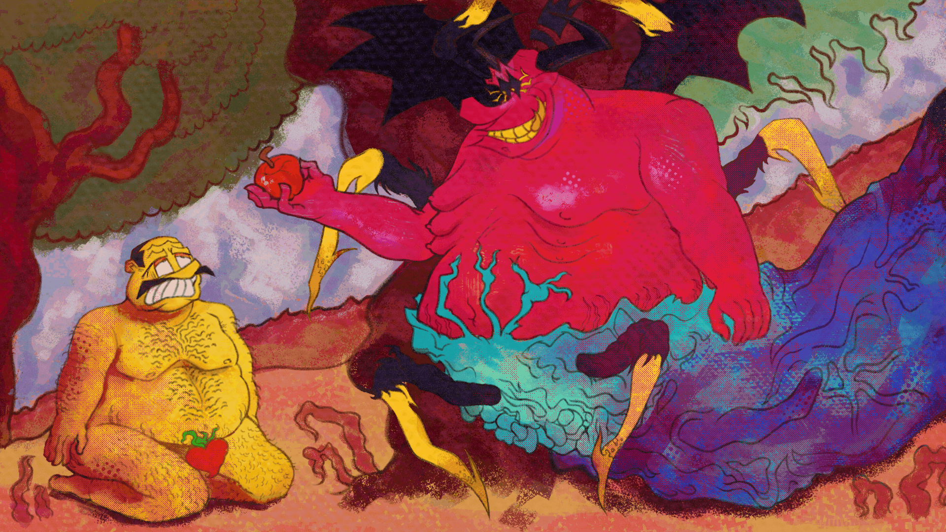 an illustrated digital painting. depicted is a reinterpretation of art pieces depicting the story of adam and eve from religious texts, brulo taking the place of adam and satan taking the place of eve and the snake. both are depicted naked with the exception of bottom genitals, brulo is seen kneeling on the left, head looking up in shame to satan, while satan looks down to brulo holding the apple of enlightment, smiling in contrast. both are seen in a vauge nature scenary.