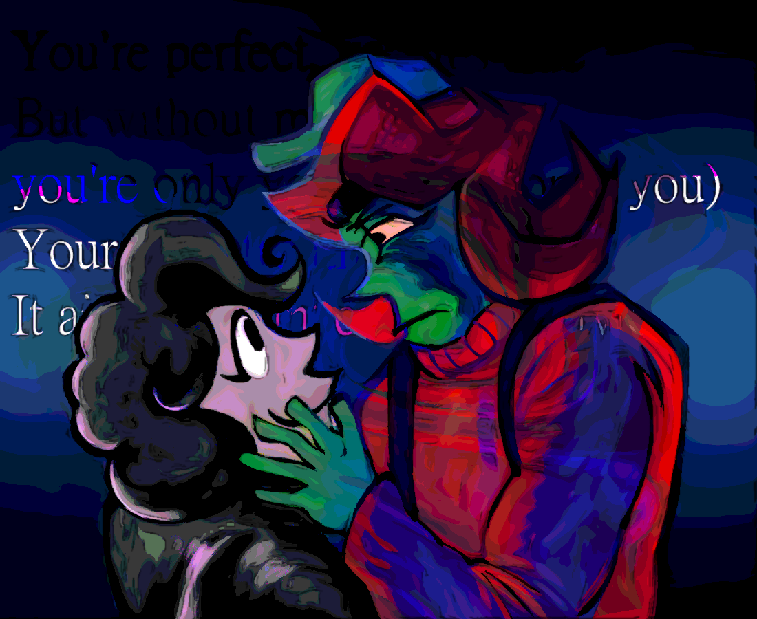 an illustrated digital painting. depicted is annie bell on the right, caressing the cheek and making eye contact with classicc annie, a representation of her former and idealized self. while annie looks at classic annie with displeasure, classic annie unknowingly stares back at annie with a smile on her face. in the background is lyrics from midlife crisis by faith no more.